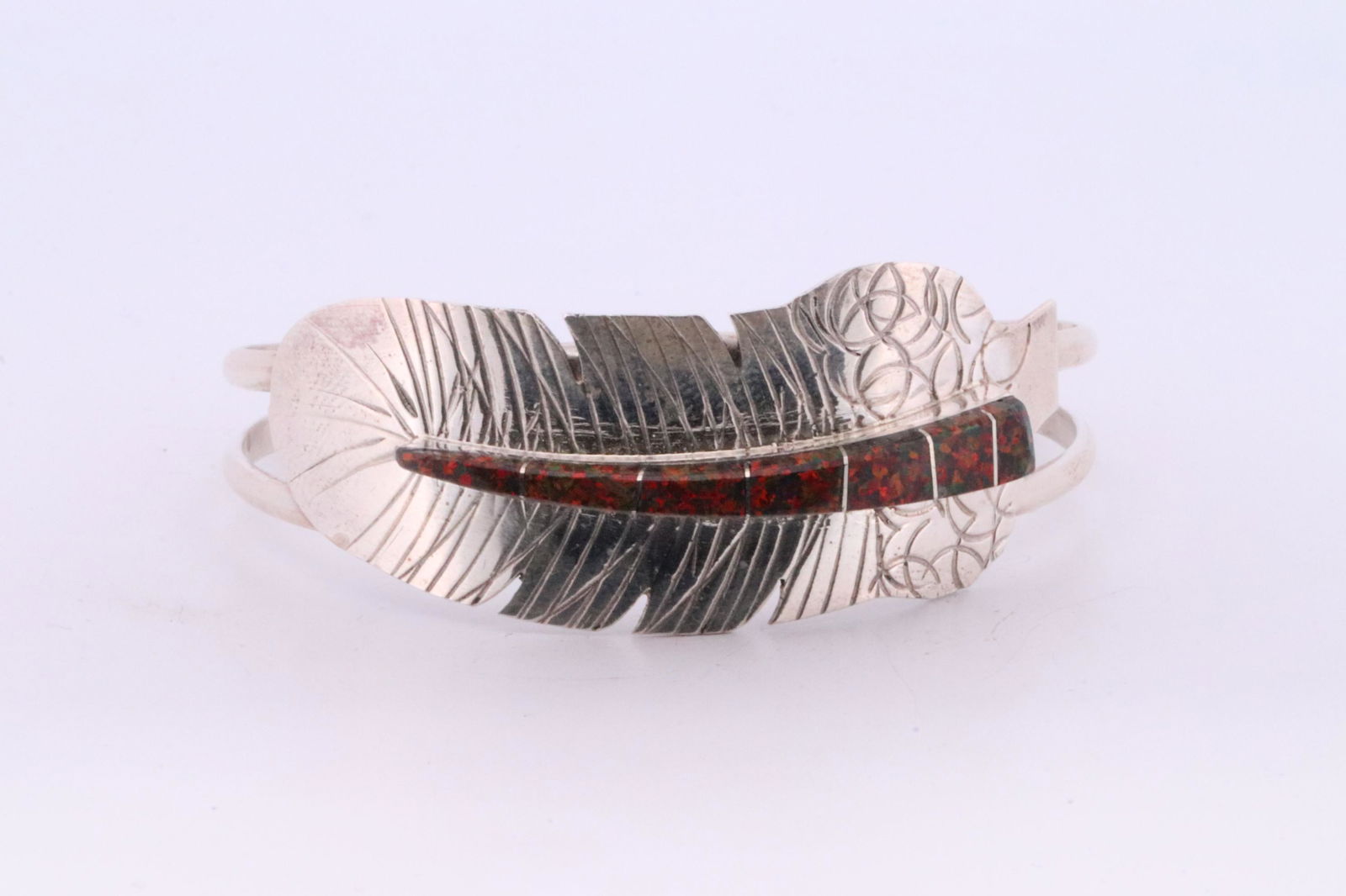 Native America Navajo Handmade Sterling Silver Fire Opal Feather Bracelet By Avery Norton. (1 of 4)