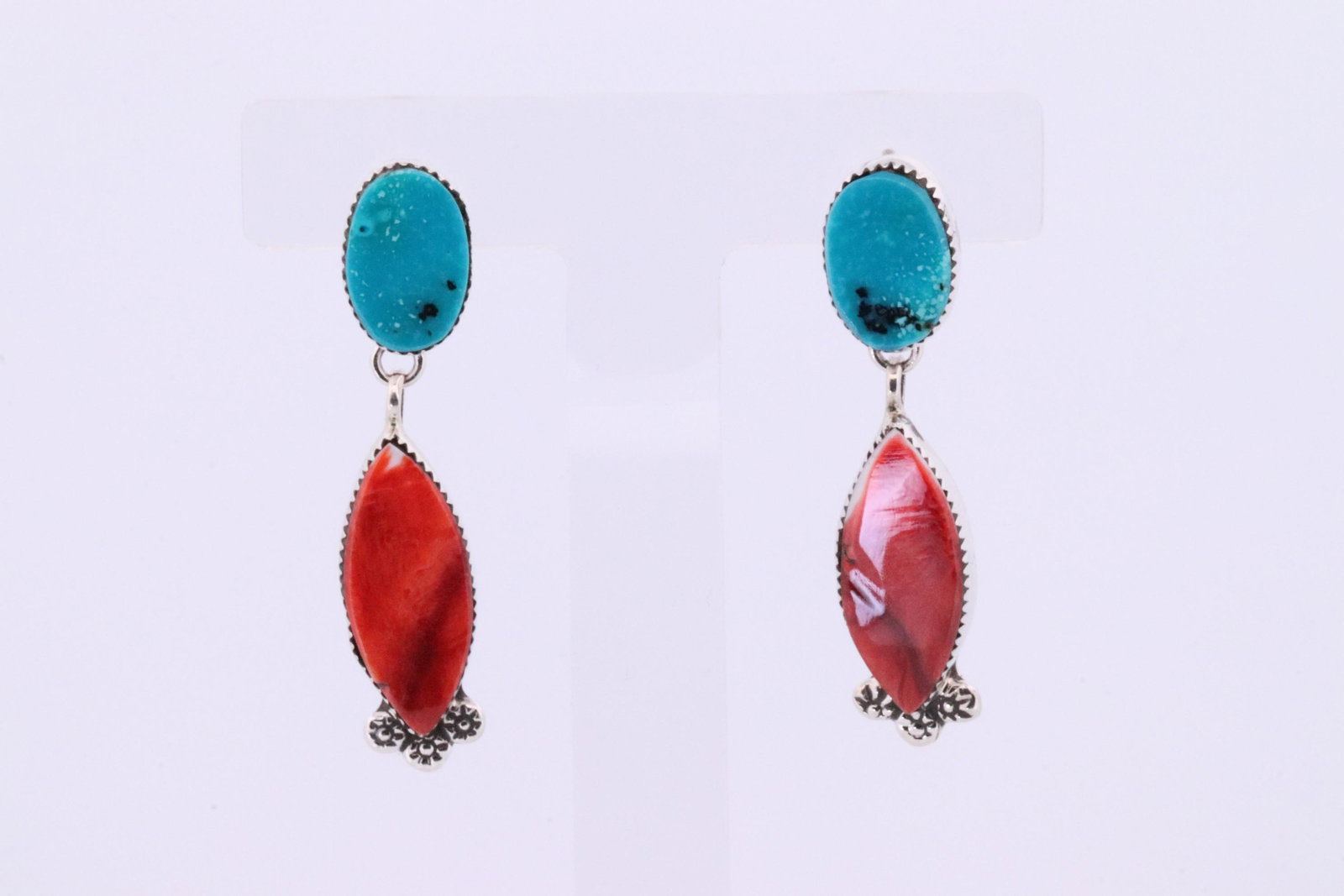 Native America Navajo Handmade Sterling Silver Spiny / Turquoise Post Earring's By Selina Warner.: This is a Native America Navajo Handmade Sterling Silver Spiny / Turquoise Post Earring's By Selina Warner.