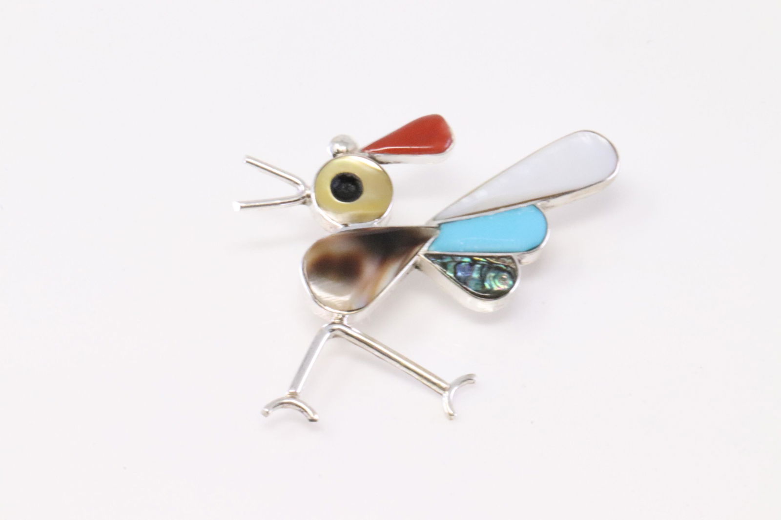 Native American Zuni Handmade Sterling Silver Multi-Color roadrunner Pin / Pendant By K.E. (1 of 3)