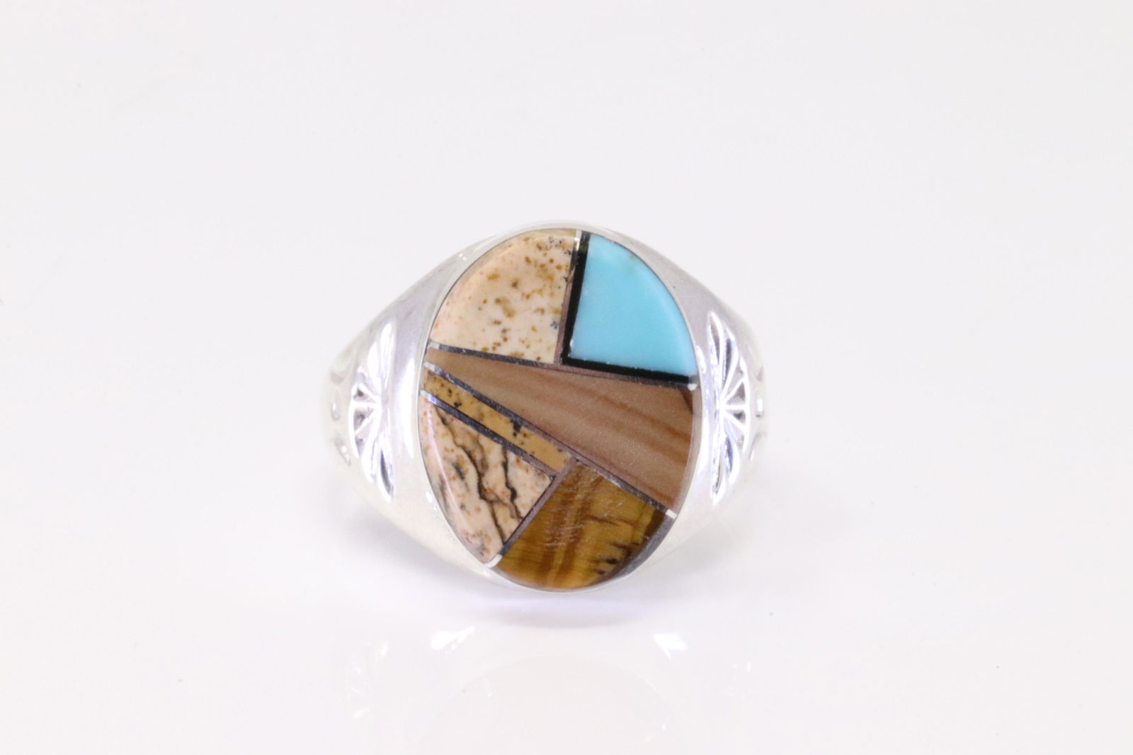 Native America Navajo Handmade Sterling Silver Multi-Color Stone Inlay Ring By P.L. (1 of 4)