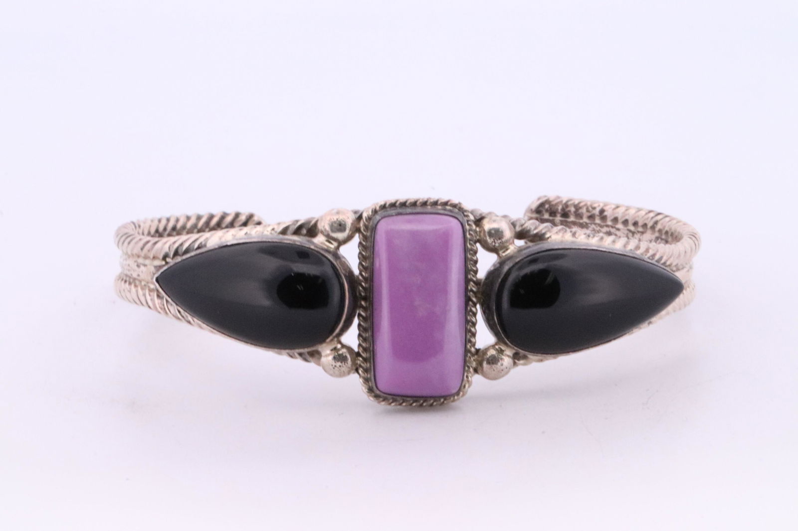 Native America Navajo Handmade Sterling Silver Purple Spiny / Black Onyx Bracelet By R.B. (1 of 3)