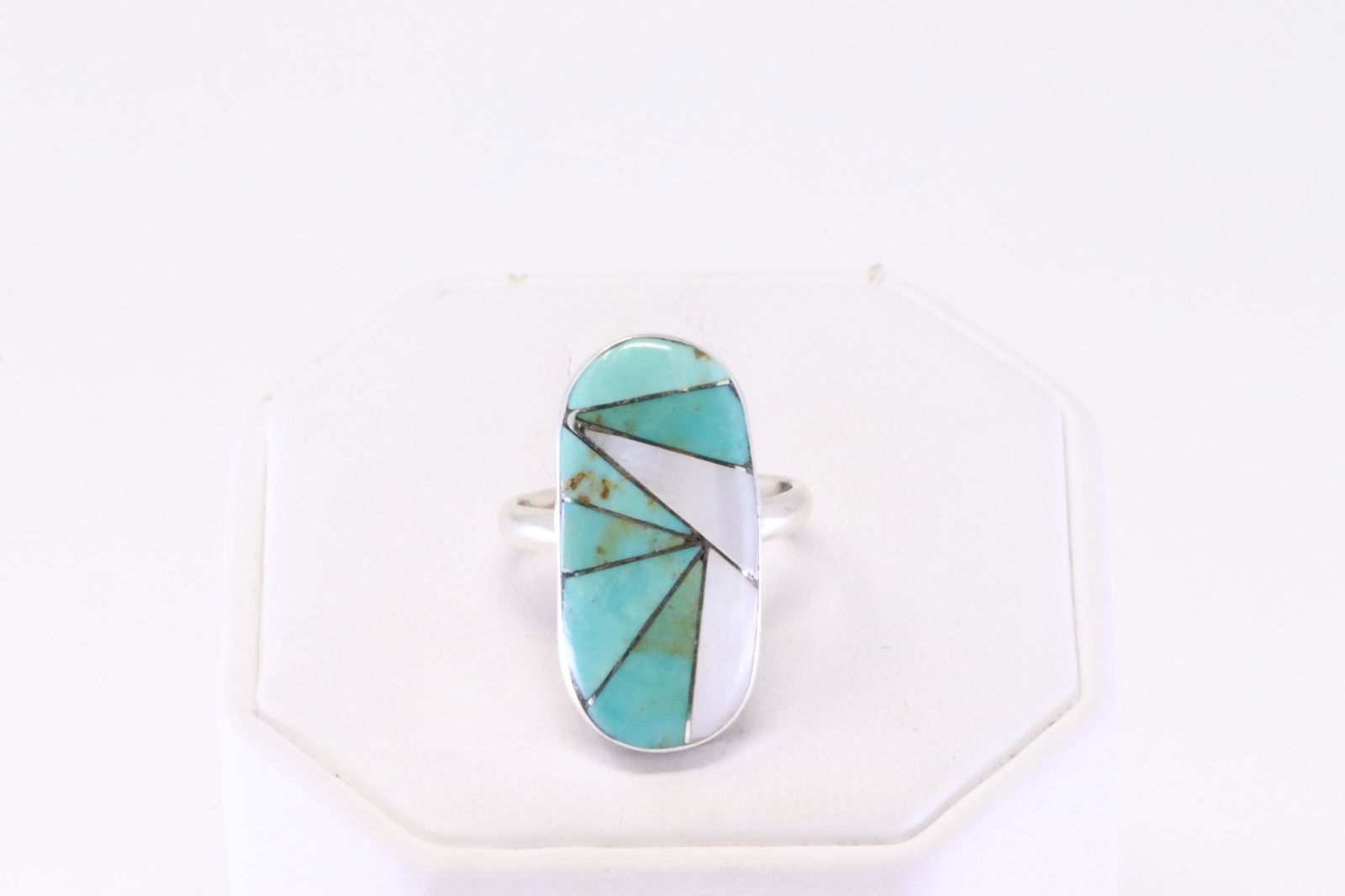Native American Zuni Handmade Sterling Silver White & Turquoise Inlay Ring By E.M.Z. (1 of 4)