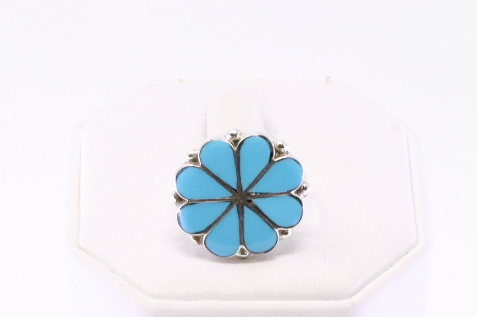 Native America Zuni Handmade Sterling Silver TurquoiseFlower Inlay Ring By D.S. (1 of 4)
