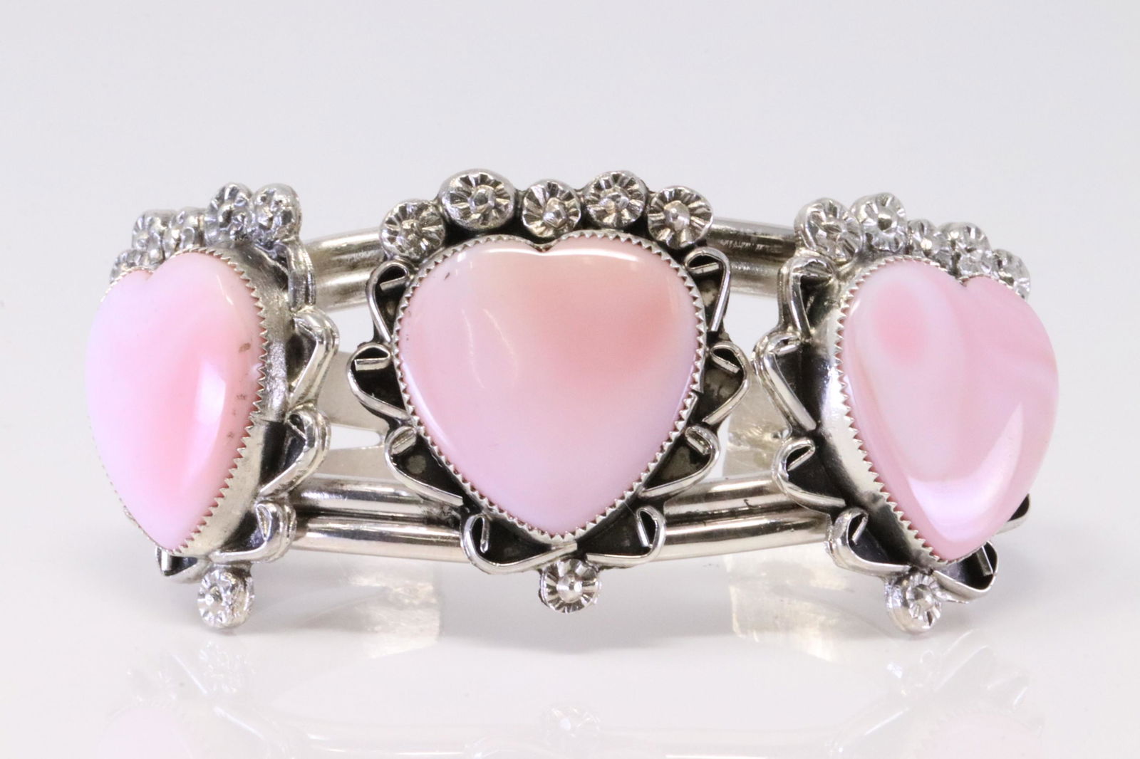 Native America Navajo Handmade Sterling Silver Pink Shell Concho Heart Bracelet Cuff By V.V. (1 of 4)