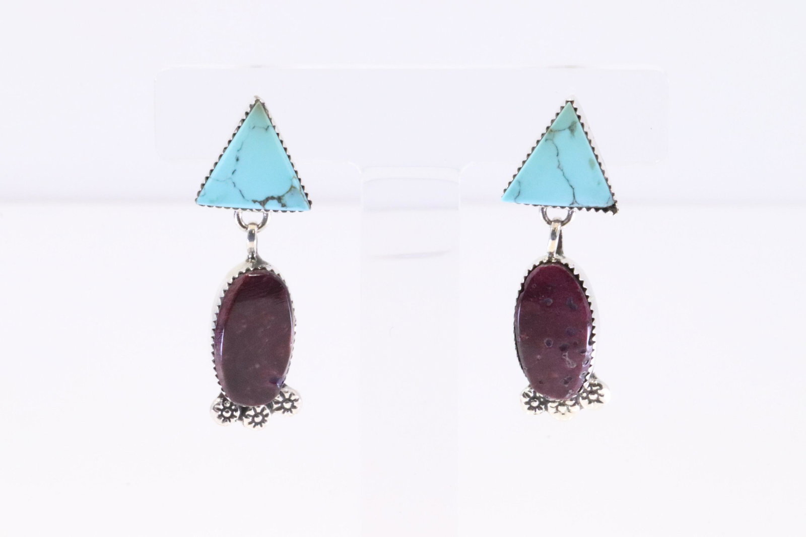 Native America Navajo Handmade Sterling Silver Purple Spiny / Turquoise Post Earring's By Selina: This is a Native America Navajo Handmade Sterling Silver Purple Spiny / Turquoise Post Earring's By Selina Warner.