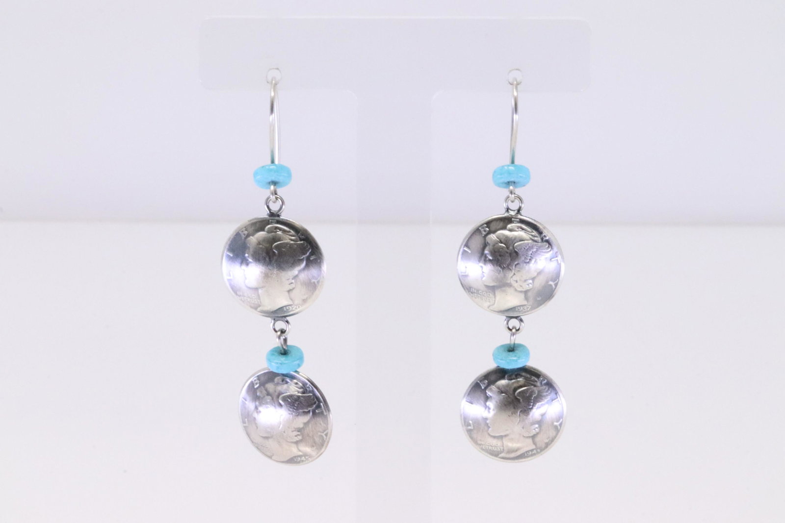 Native America Navajo Handmade Sterling Silver Turquoise Liberty Dime Dangling Earring's By James: This is a Native America Navajo Handmade Sterling Silver Turquoise Liberty Dime Dangling Earring's By James McCabe.
