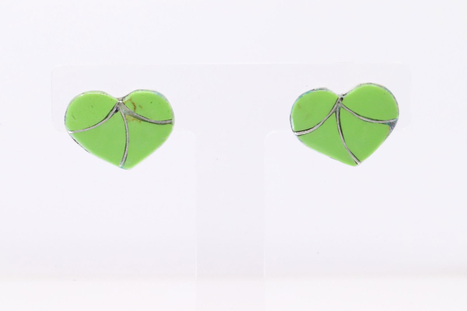 Native America Navajo Handmade Sterling Silver Green Stone Heart Post Earring's. (1 of 4)