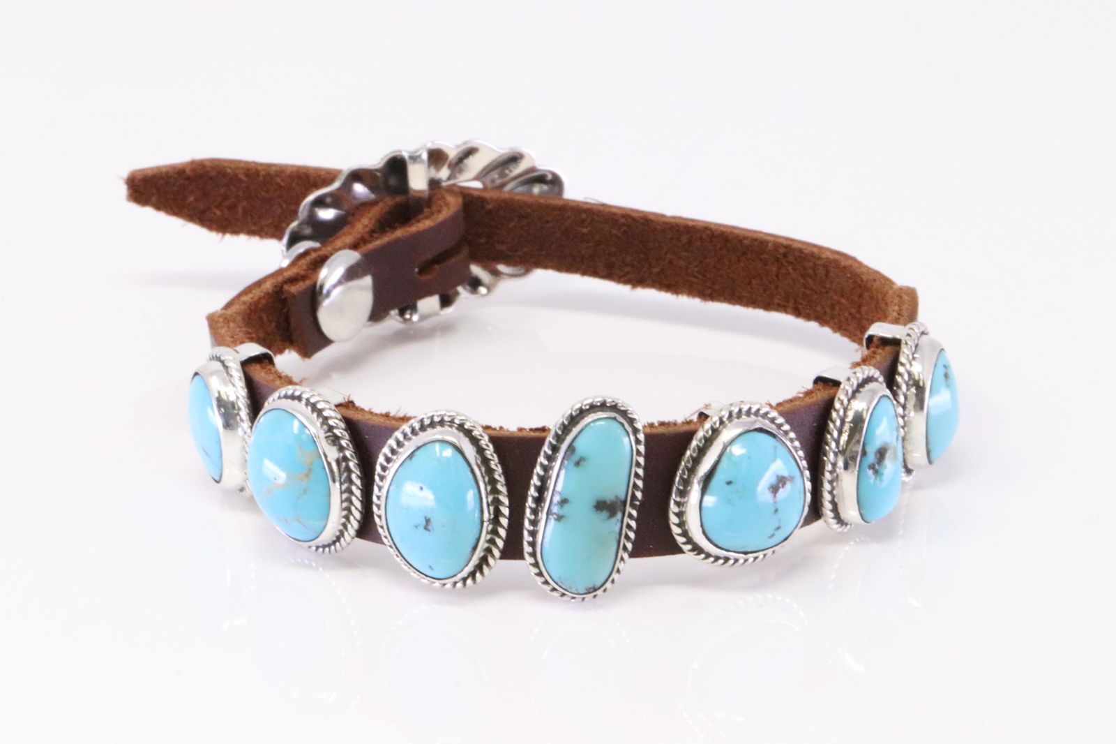 Native America Navajo Handmade Sterling Silver Turquoise Leather Bracelet By B.W. (1 of 4)