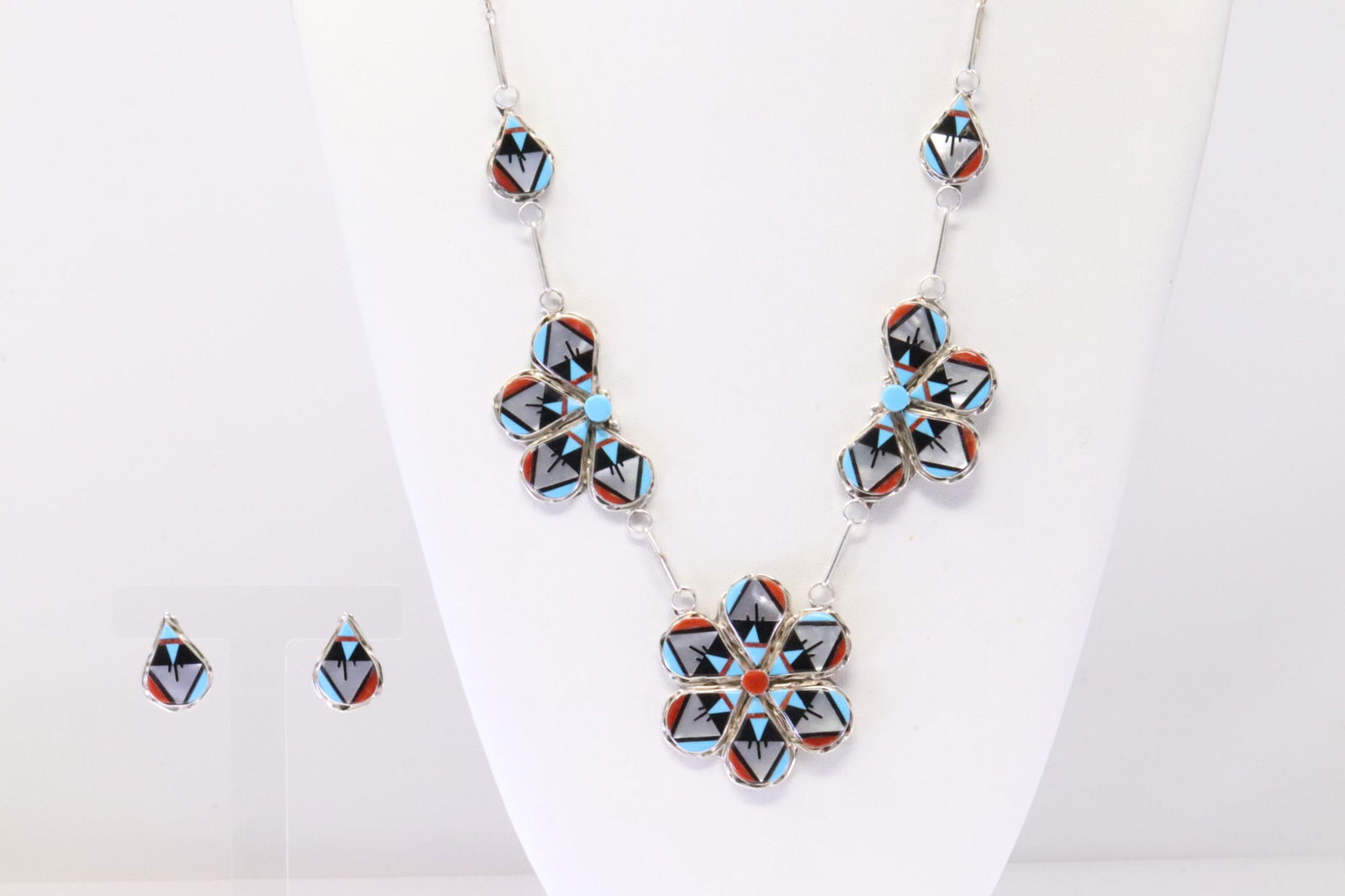 Native America Zuni Handmade Sterling Silver Multi-Color Inlay Necklace & Earring's Set By W.C.N. (1 of 6)