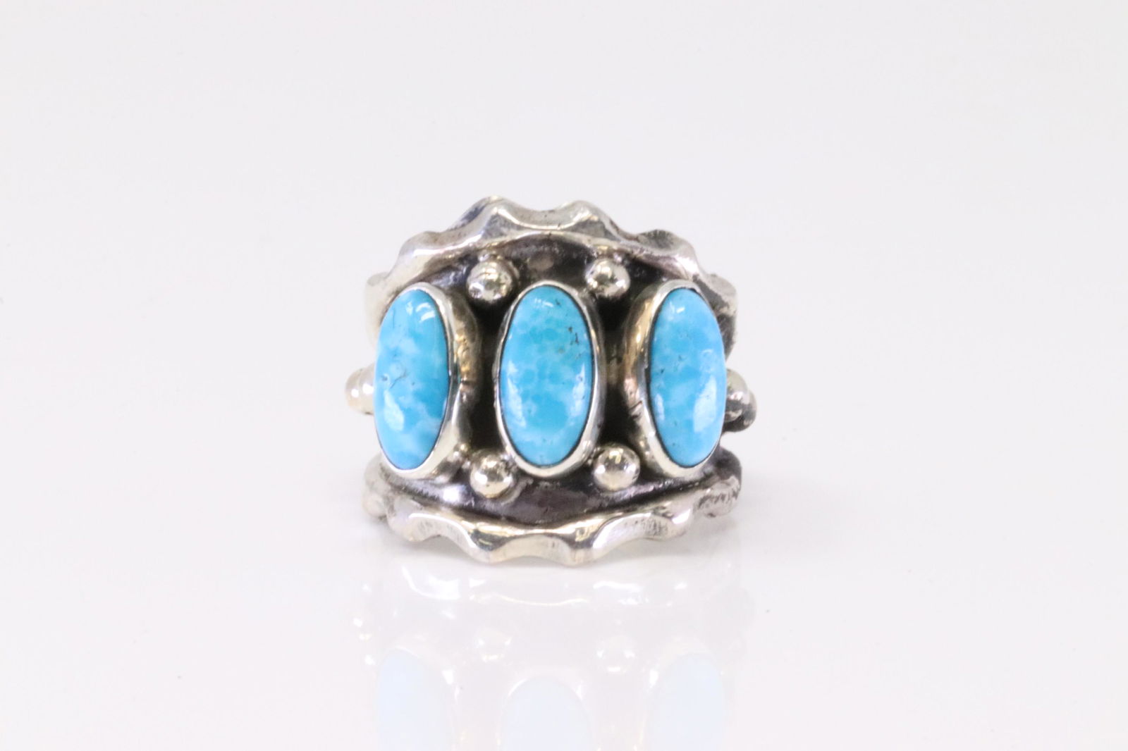 Native America Navajo Handmade Sterling Silver Turquoise Ring 3 Stone Cuff By Andrew Vandever. (1 of 4)