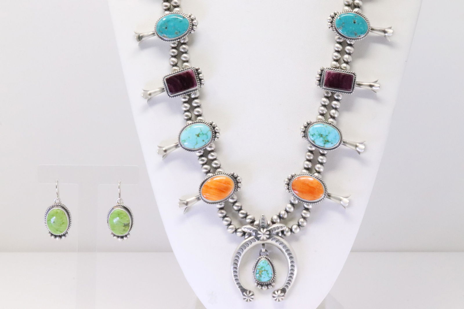 Native America Navajo Handmade Sterling Silver Spiny Oyster / Turquoise Squash Blossom Necklace & (1 of 7)