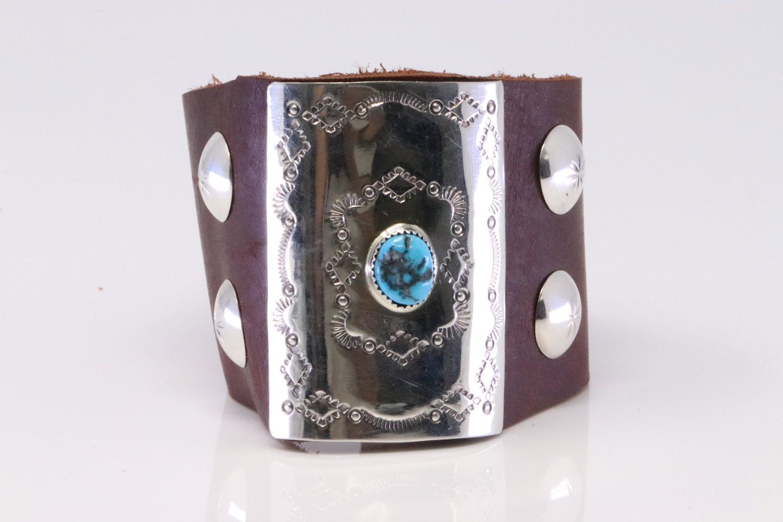 Native America Navajo Handmade Sterling Silver Turquoise Leather Bracelet By Dale Morgan.: This is a Native America Navajo Handmade Sterling Silver Turquoise Leather Bracelet By Dale Morgan.Bracelet length: 8.00"