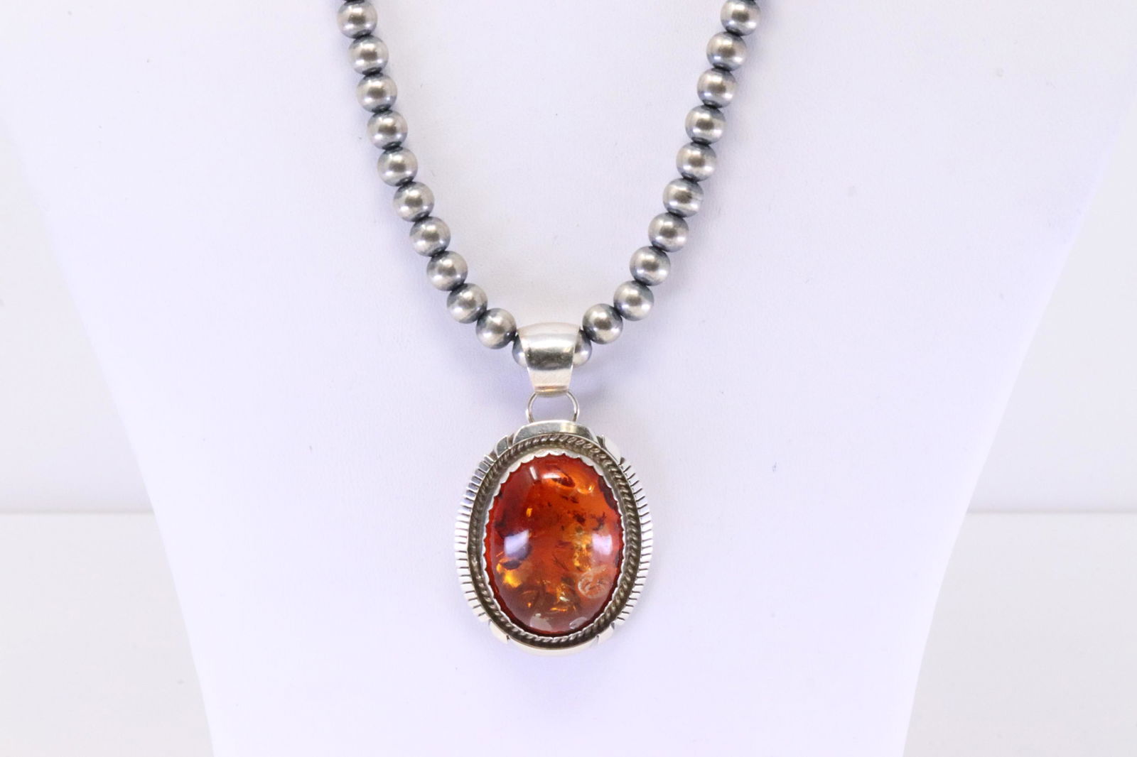 Native American Navajo Handmade Sterling Silver Amber Pendant & Beaded Necklace By Alfred Martinez. (1 of 4)