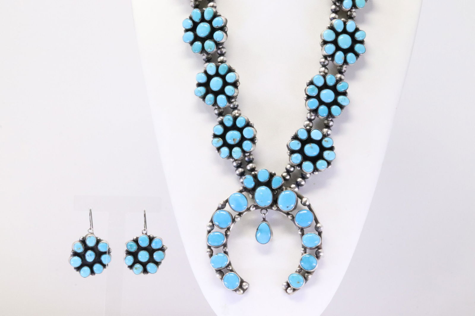 Native America Navajo Handmade Sterling Silver Turquoise Flower Squash Blossom Necklace & Earring's (1 of 8)