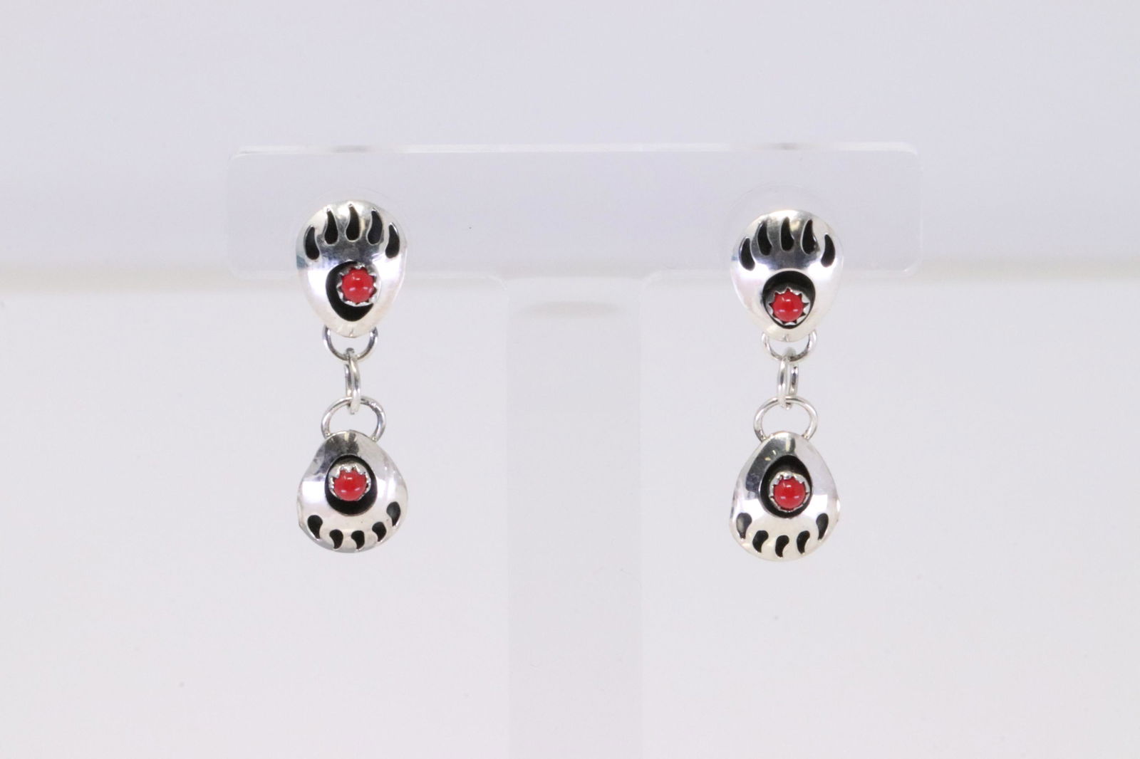 Native America Navajo Handmade Sterling Silver Bear Paw Coral Post Earring's By Esther White. (1 of 4)