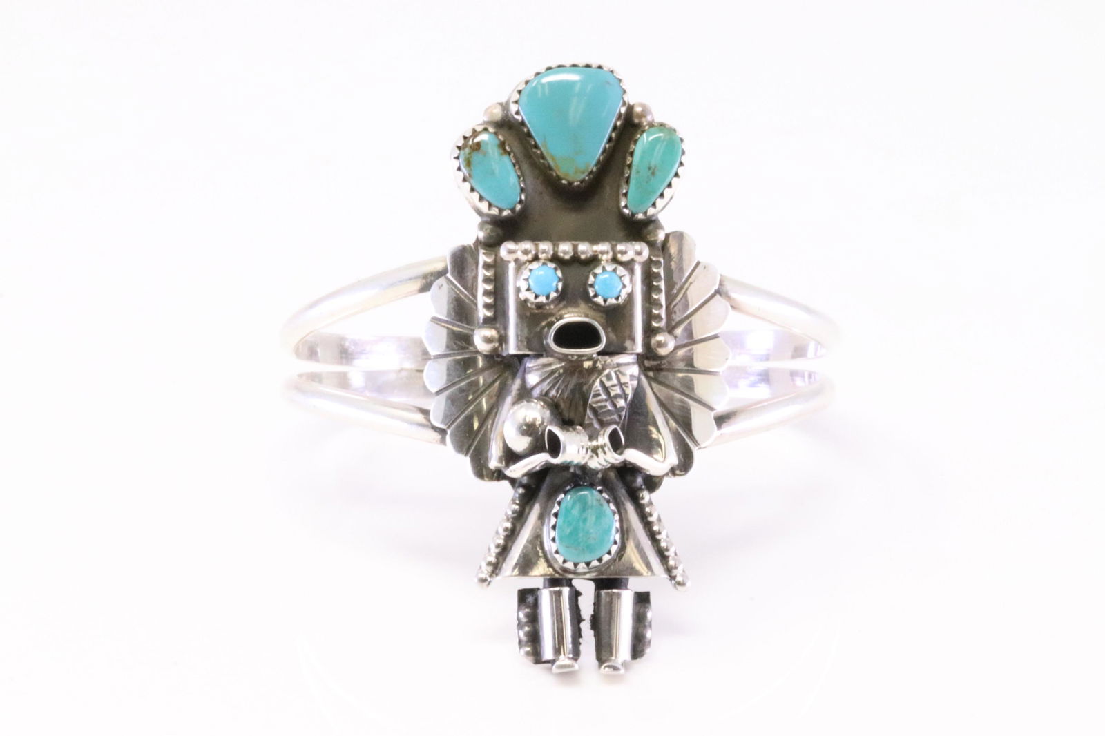 Native America Navajo Handmade Sterling Silver Turquoise Kachina Bracelet Cuff By Doris Smallcanyon. (1 of 4)