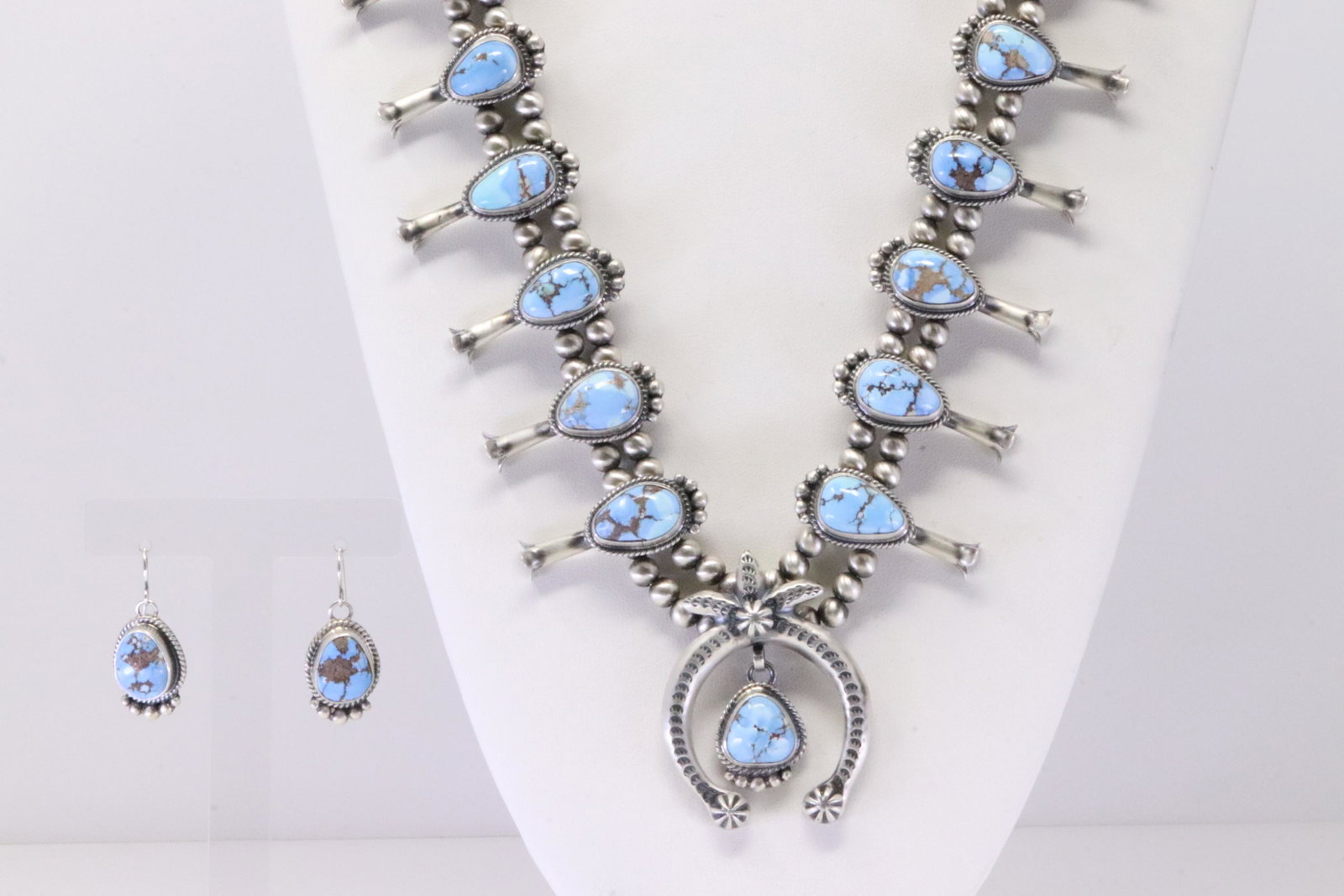 Native America Navajo Handmade Sterling Silver Golden Hills Turquoise Squash Blossom Necklace &: This is a Native America Navajo Handmade Sterling Silver Golden Hills Turquoise Squash Blossom Necklace & Earring's Set By Thomas Francisco. Necklace length: 26.00"