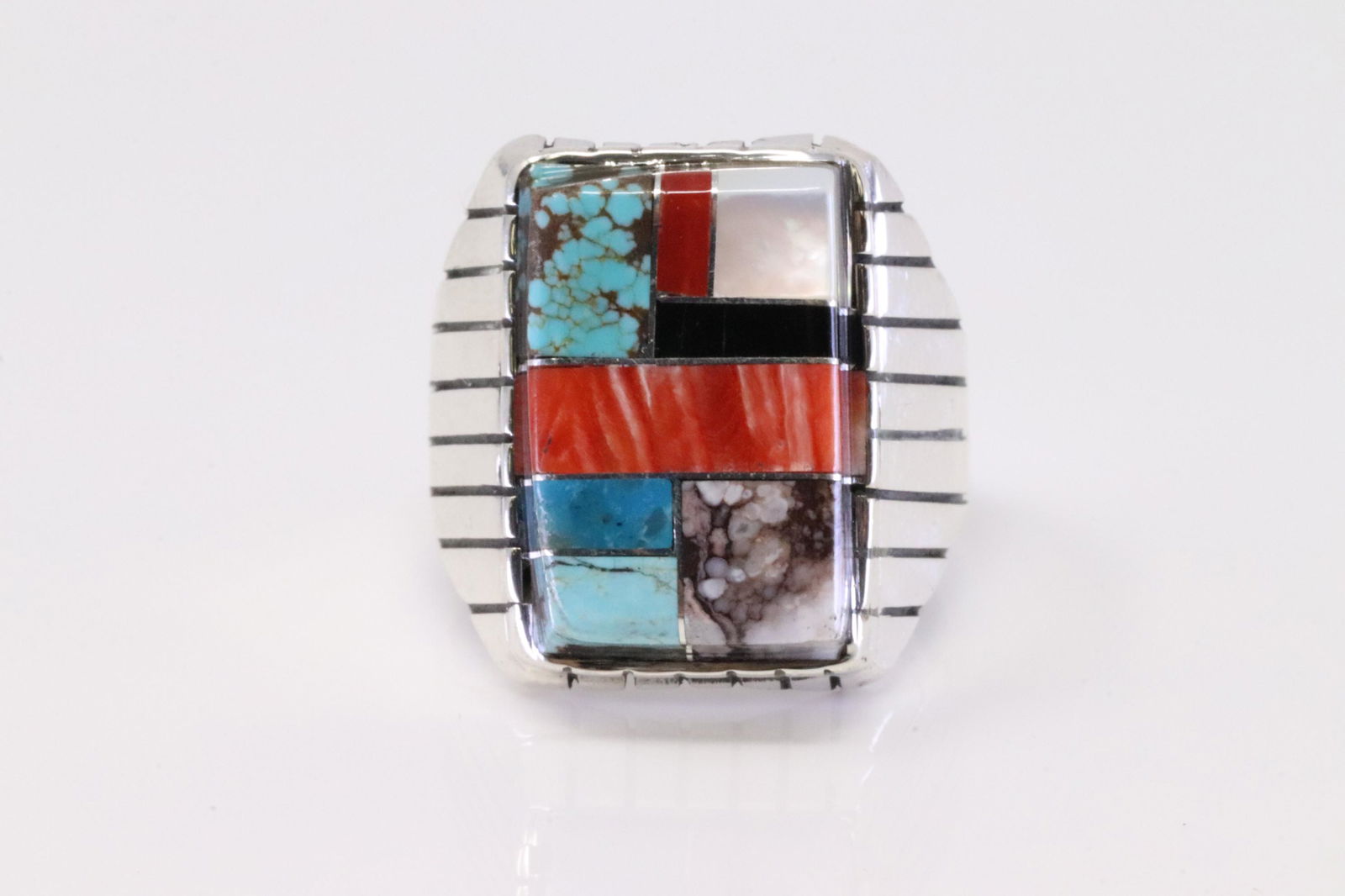Native America Navajo Handmade Sterling Silver Multi-Color Stone Inlay Ring By R. (1 of 4)