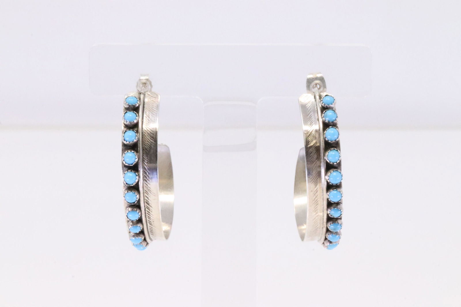 Native America Navajo Handmade Sterling Silver Turquoise Hoop Feather Earring's By Chester Charley. (1 of 4)