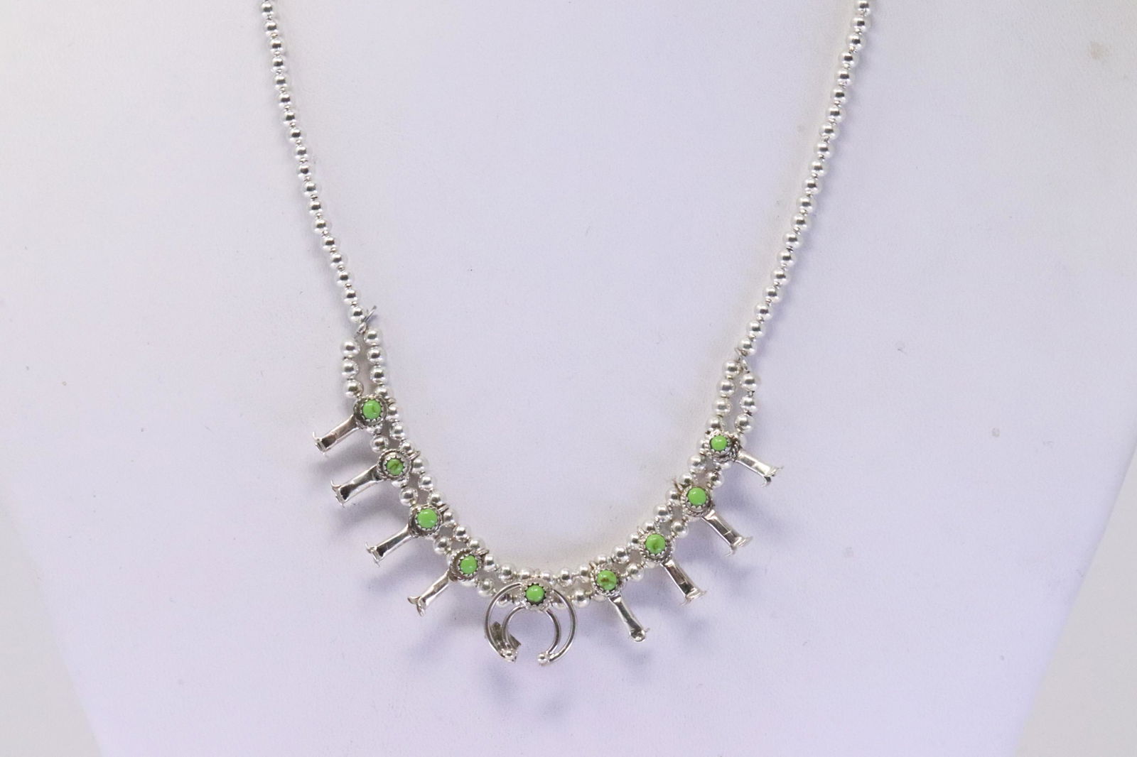 Native America Navajo Handmade Sterling Silver Green Stone Mini Squash Blossom Necklace By M.R. (1 of 4)