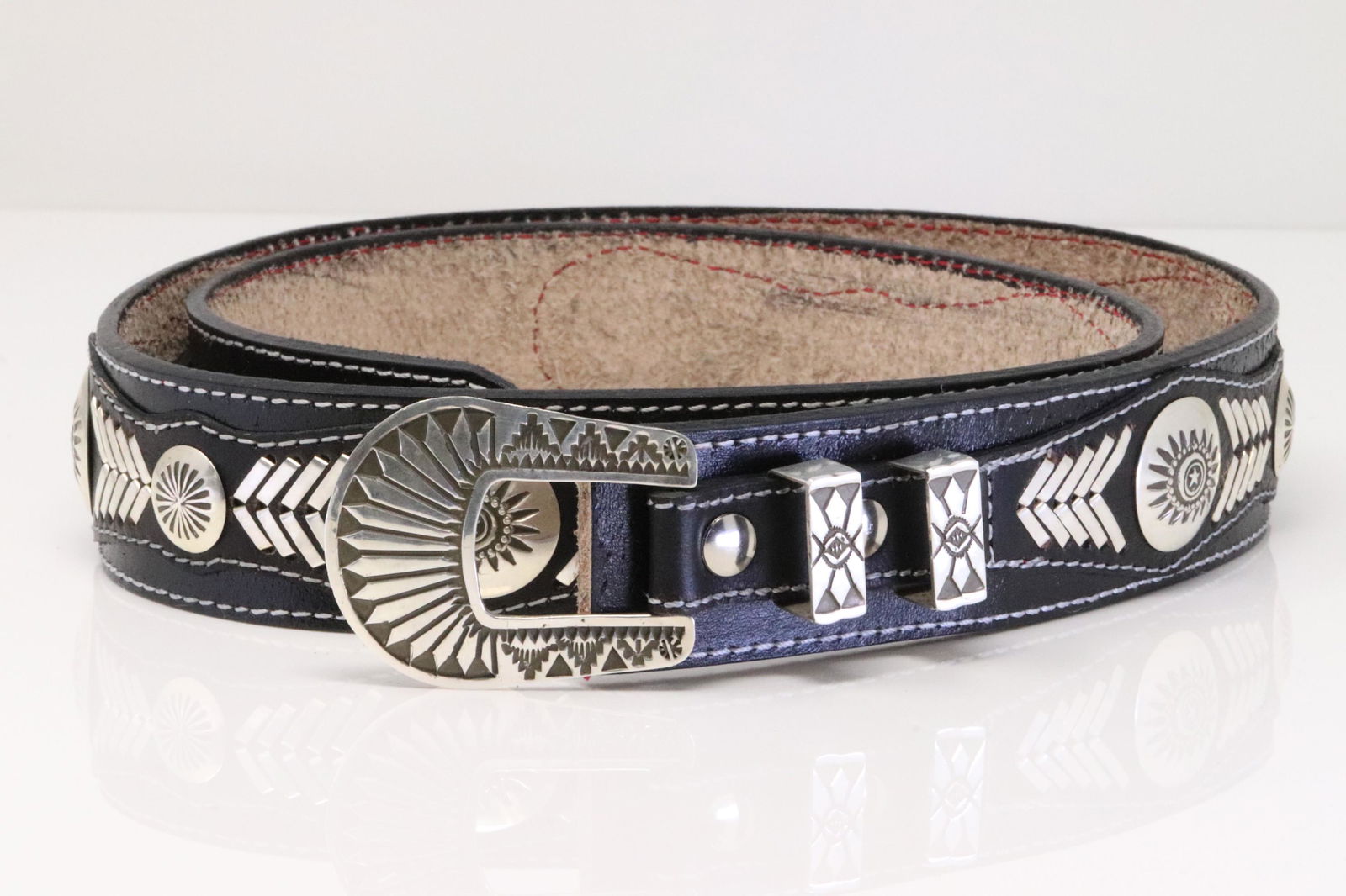 Native America Navajo Handmade Sterling Silver Black Leather Belt Buckles / Plain & Overlay By (1 of 6)