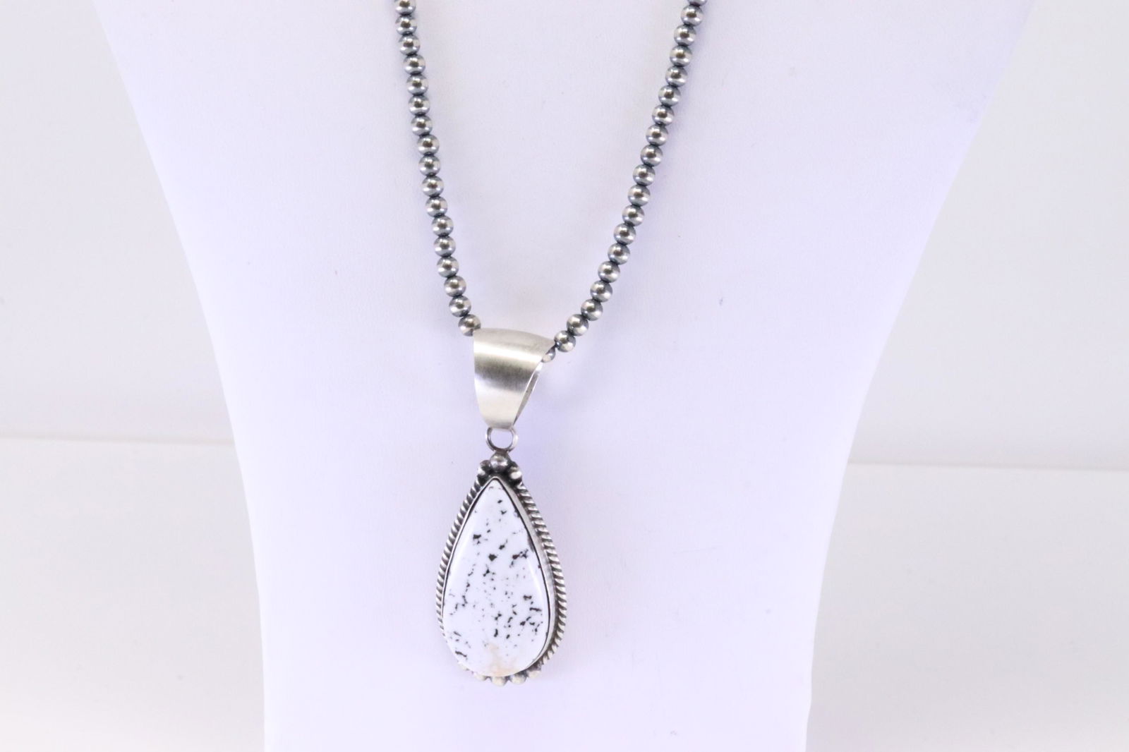 Native America Navajo Handmade Sterling Silver White Buffalo Pendant & Necklace By Alfred Martinez. (1 of 4)