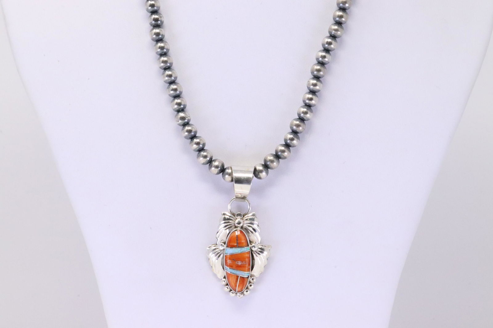 Native America Navajo Handmade Sterling Silver Spiny Oyster / Opal Pendant & Necklace By J.Y. (1 of 4)