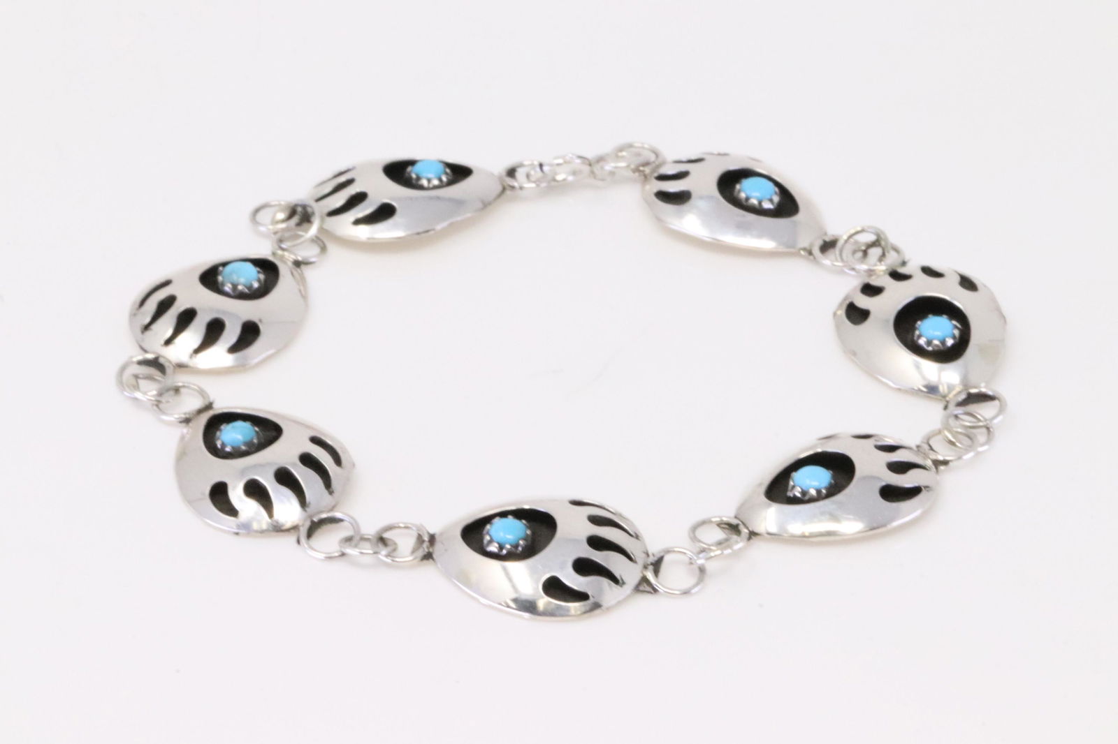 Native America Navajo Handmade Sterling Silver Bear Paw Turquoise Bracelet Link By Leta Parker. (1 of 4)