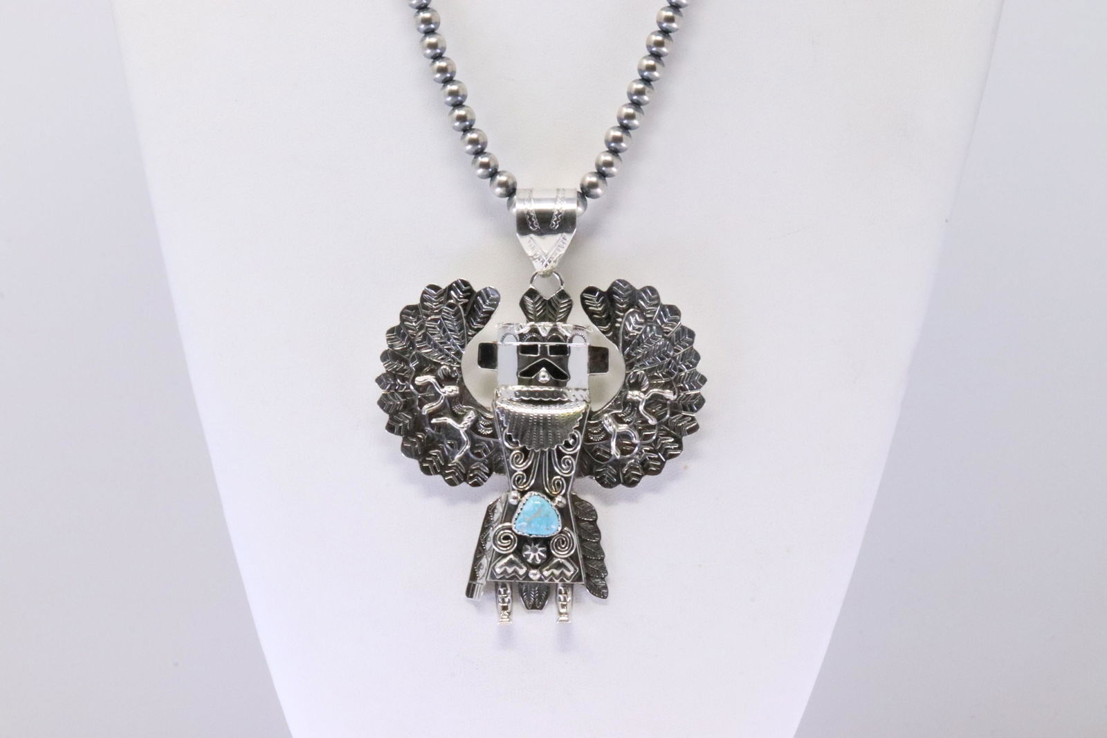 Native America Navajo Handmade Sterling Silver Turquoise Kachina Dancer Pendant. With Pearl Beaded (1 of 4)