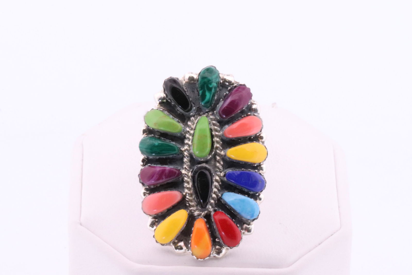 Native American Navajo Handmade Sterling Silver Synthetic Multi-Color Ring By J.W.: This is a Native American Navajo Handmade Sterling Silver Synthetic Multi-Color Ring By J.W. Ring size: 10.25.