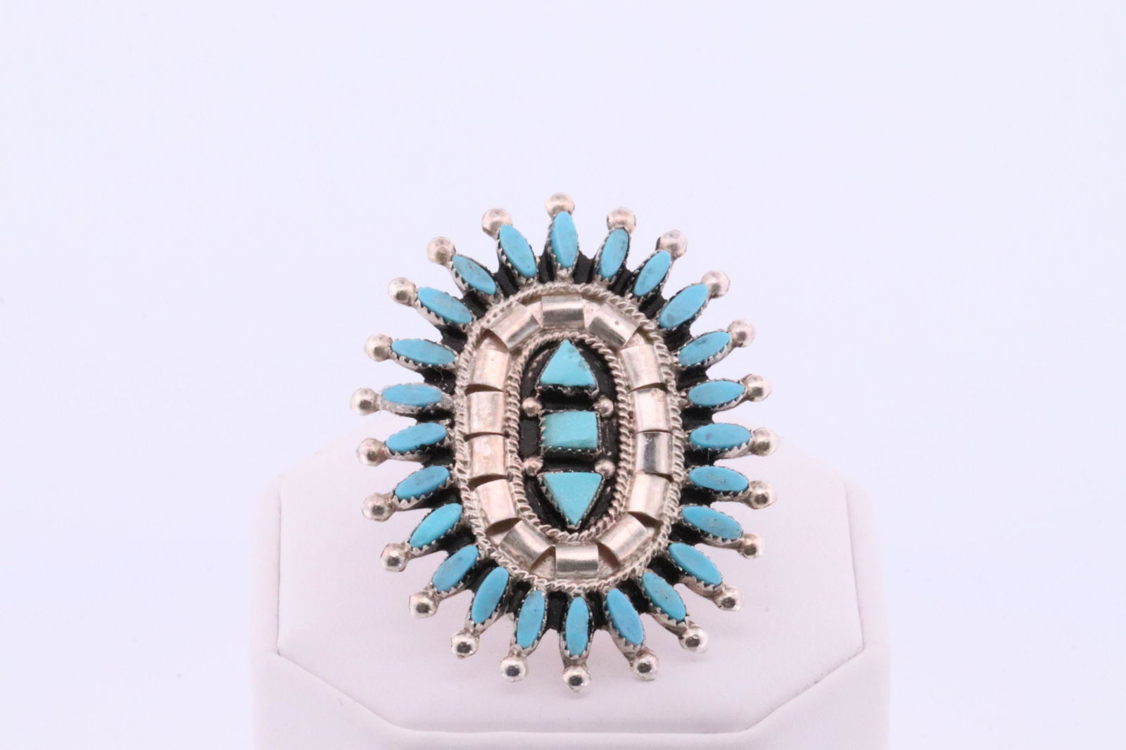 Native America Zuni Handmade Sterling Silver Turquoise Ring Cluster By E.Hustito. (1 of 4)