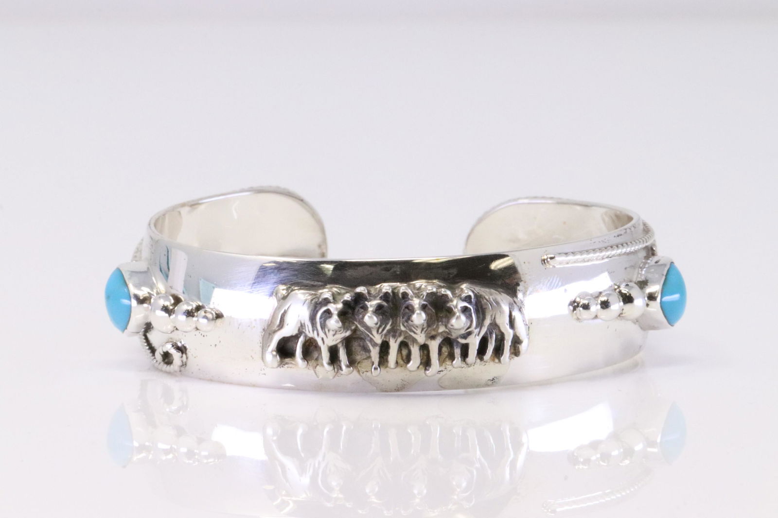 Native America Navajo Handmade Sterling Silver Turquoise Wolf Bracelet Cuff By Bobby Plaltero. (1 of 4)