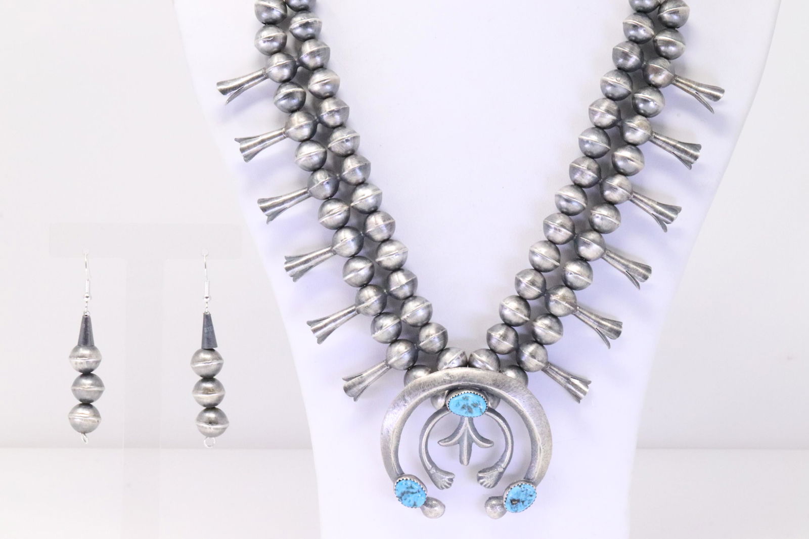 Native America Navajo Handmade Sterling Silver Turquoise Squash Blossom Necklace & Earring's Set By (1 of 7)
