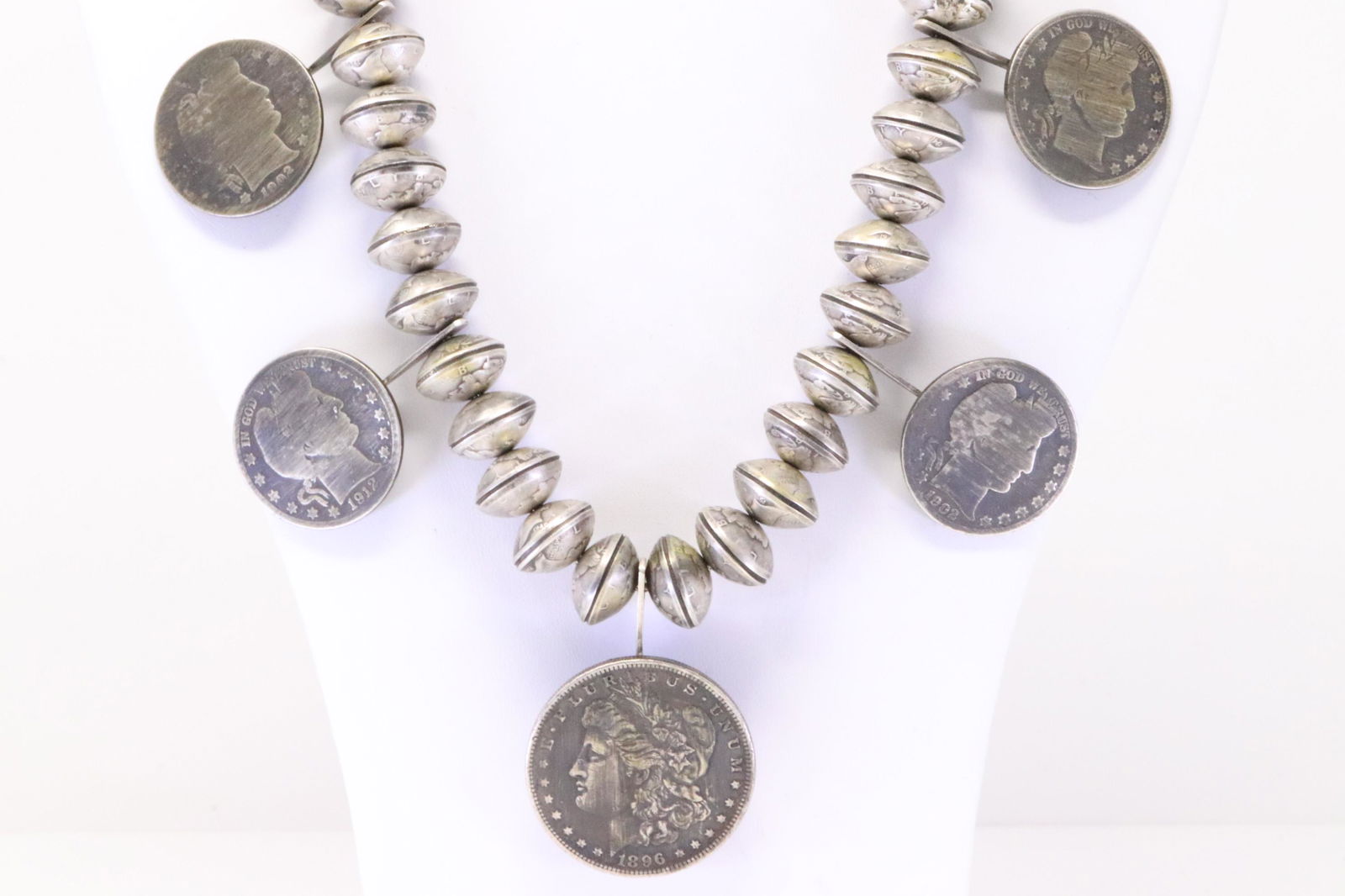 Native America Navajo Handmade Sterling Silver Morgan Dollar Paw Squash Blossom Necklace. (1 of 5)