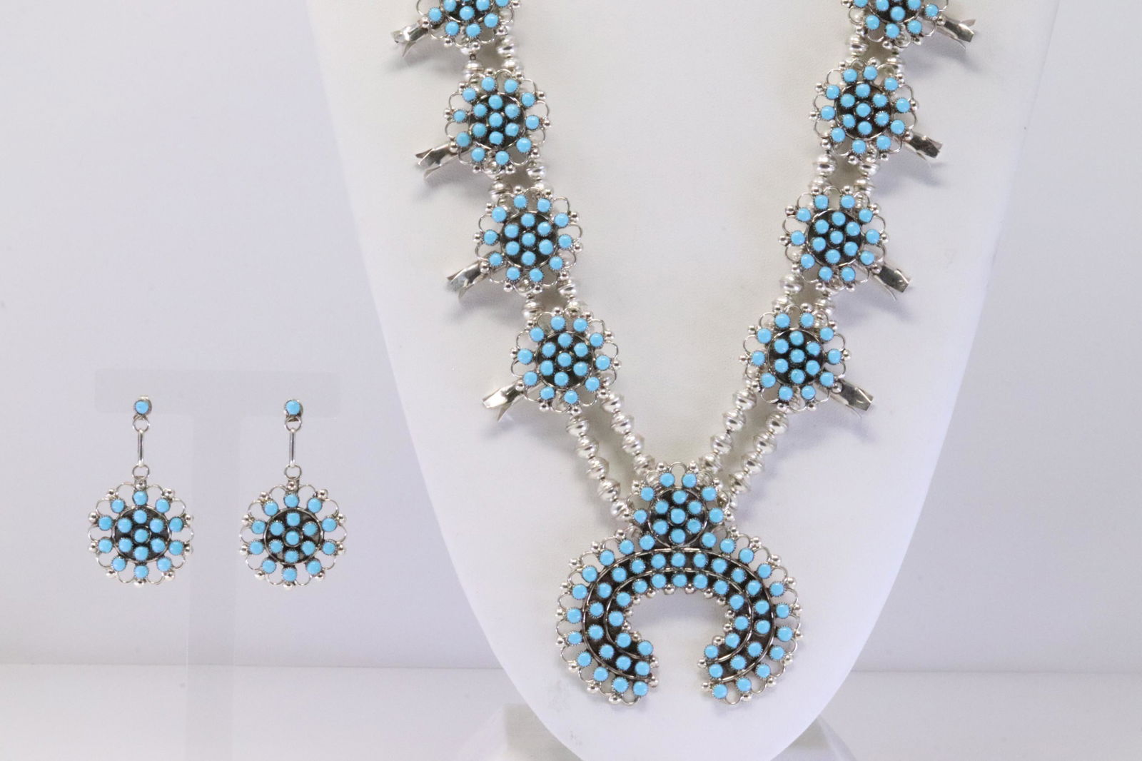 Native America Zuni Handmade Sterling Silver Turquoise Squash Blossom Necklace & Earring's Set By (1 of 8)