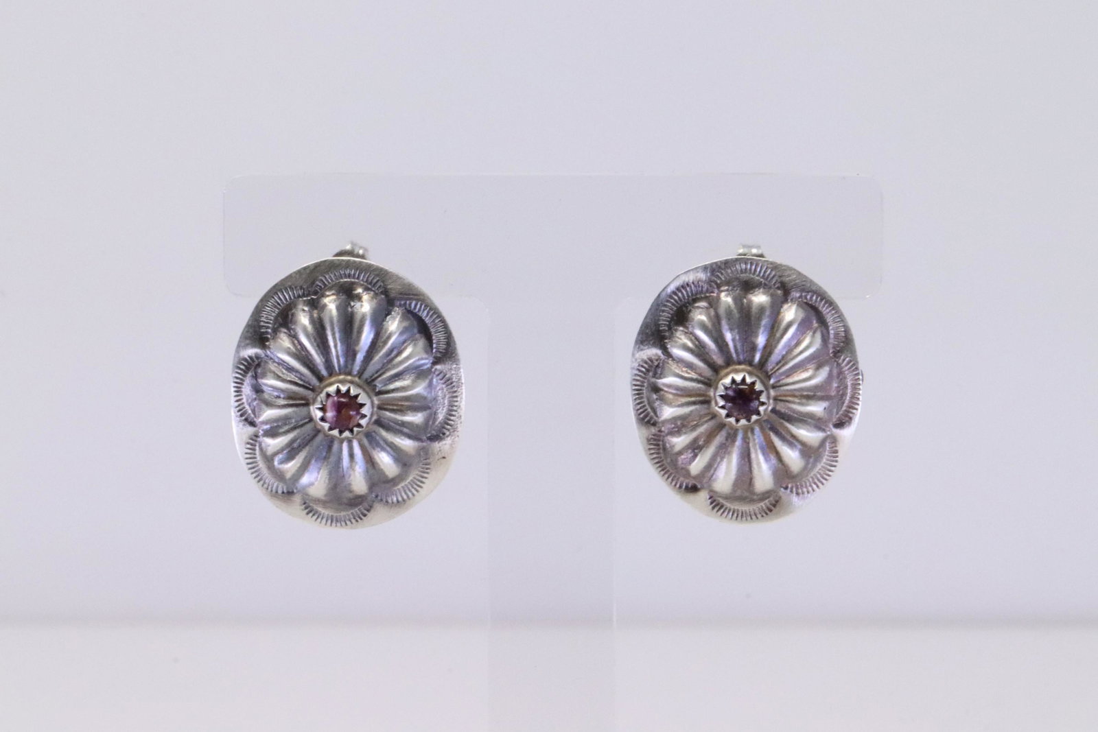 Native America Navajo Handmade Sterling Silver Purple Spiny Concho Post Earring's By Joan Begay.: This is a Native America Navajo Handmade Sterling Silver Purple Spiny Concho Post Earring's By Joan Begay.