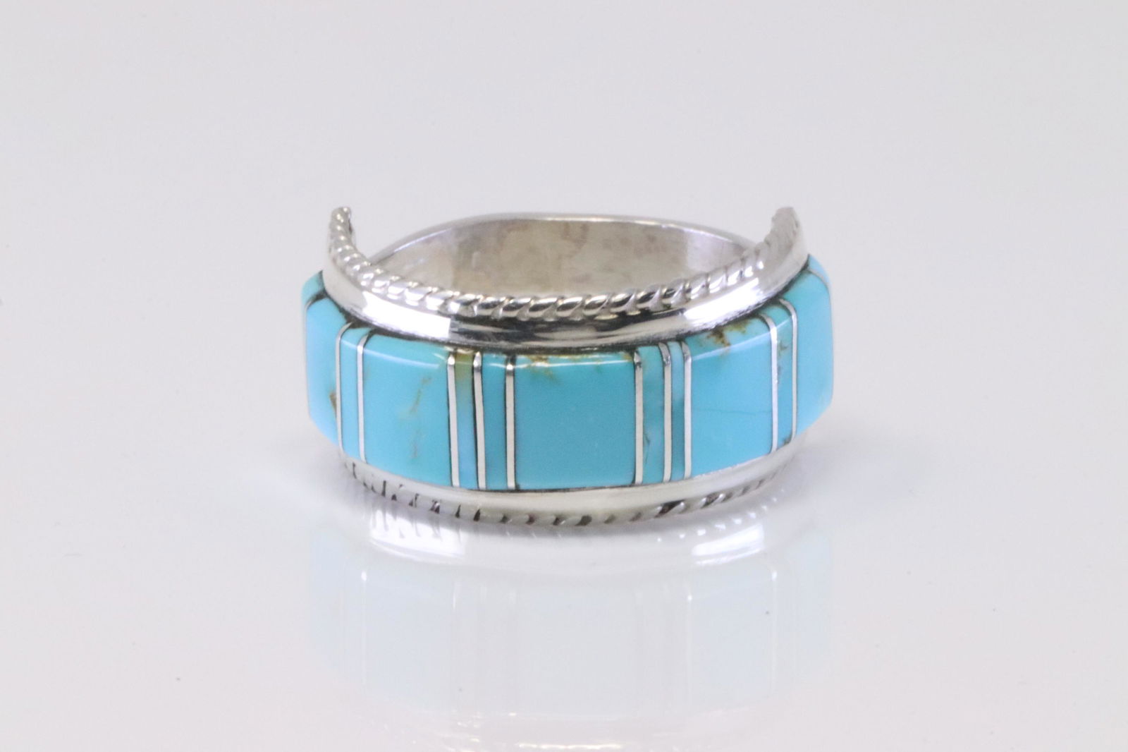 Native America Zuni Handmade Sterling Silver Turquoise Inlay Ring By Deirdre Luna Panteah. (1 of 4)