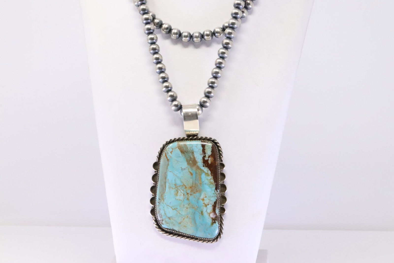 Native American Navajo Sterling Silver Number 8 Turquoise Pendant & Pearl Beaded Necklace. By Danny (1 of 5)