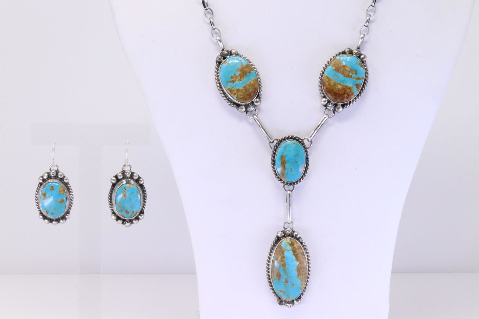 Native America Navajo Sterling Silver Boulder Turquoise Necklace & Earring's Set By Augustine Largo. (1 of 6)