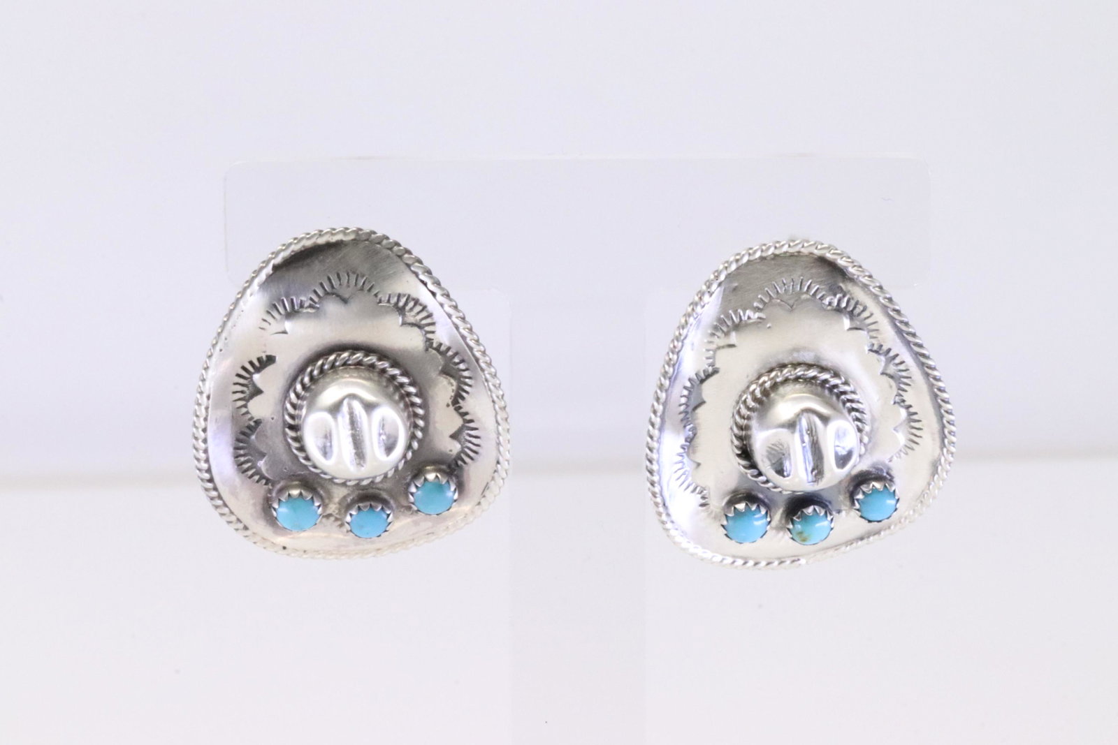 Native America Navajo Handmade Sterling Silver Turquoise Cowboy Hat Post Earring's By Bobby Platero.: This is a Native America Navajo Handmade Sterling Silver Turquoise Cowboy Hat Post Earring's By Bobby Platero.