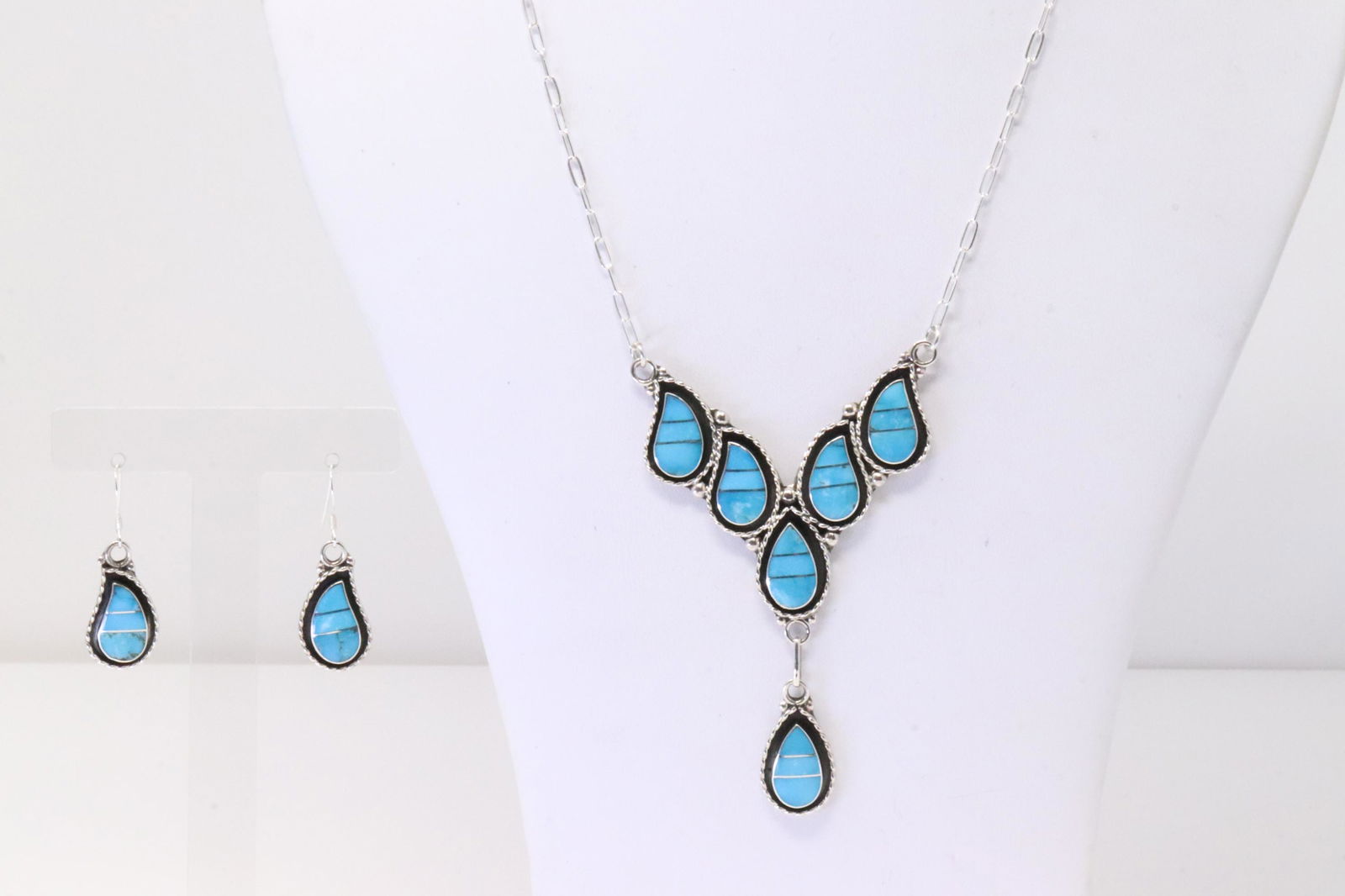 Native America Zuni Handmade Sterling Silver Turquoise Inlay Necklace & Earring's By F.Lonsoyatee. (1 of 5)