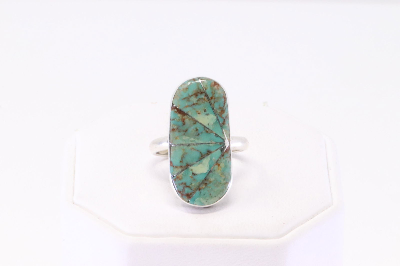 Native America Zuni Handmade Sterling Silver Turquoise Ring Inlay By E.M.Z. (1 of 4)
