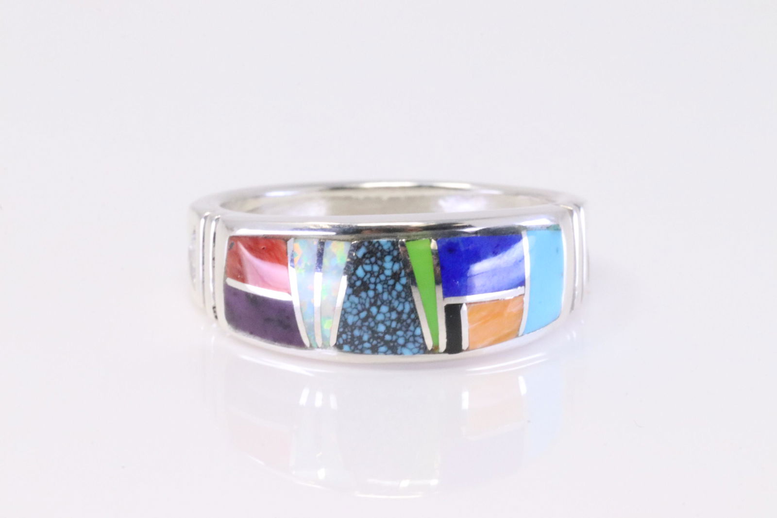 Native America Navajo Sterling Silver Multi-Color Inlay Ring By Rick.: This is a Native America Navajo Sterling Silver Multi-Color Inlay Ring By Rick. Ring size: 12.00.