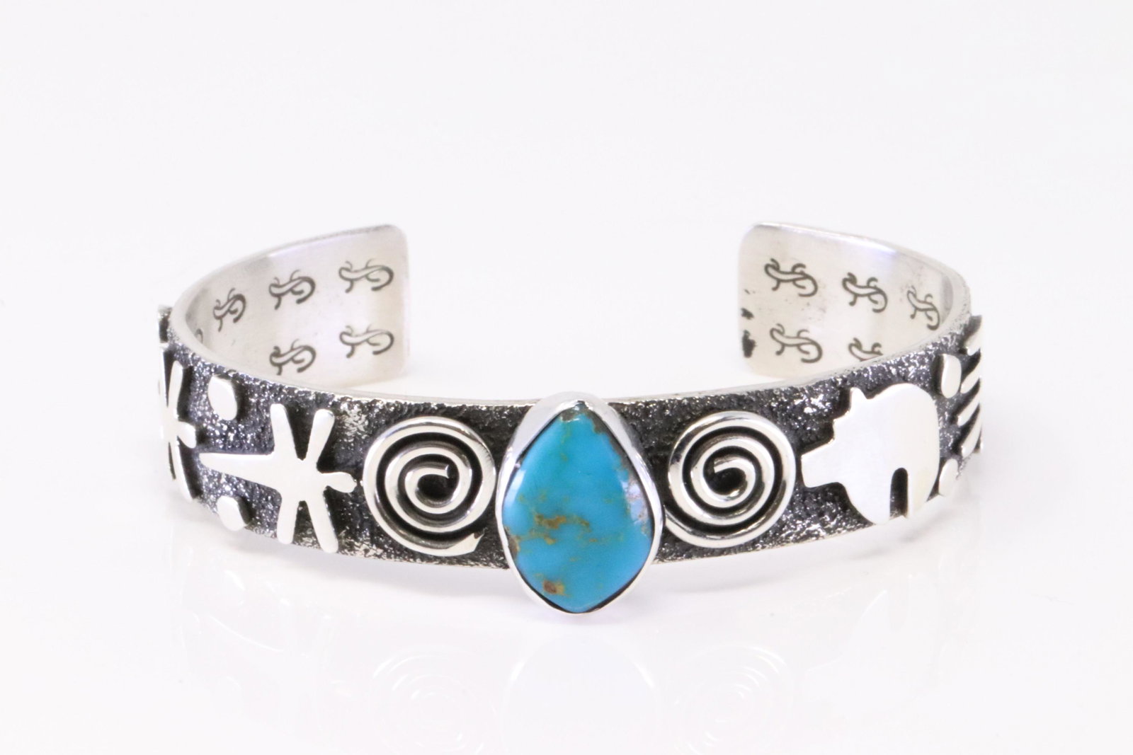 Native America Navajo Sterling Silver Turquoise Petroglyph Symbols Bracelet By Alex Sanchez.: This is a Native America Navajo Sterling Silver Turquoise Petroglyph Symbols Bracelet By Alex Sanchez.