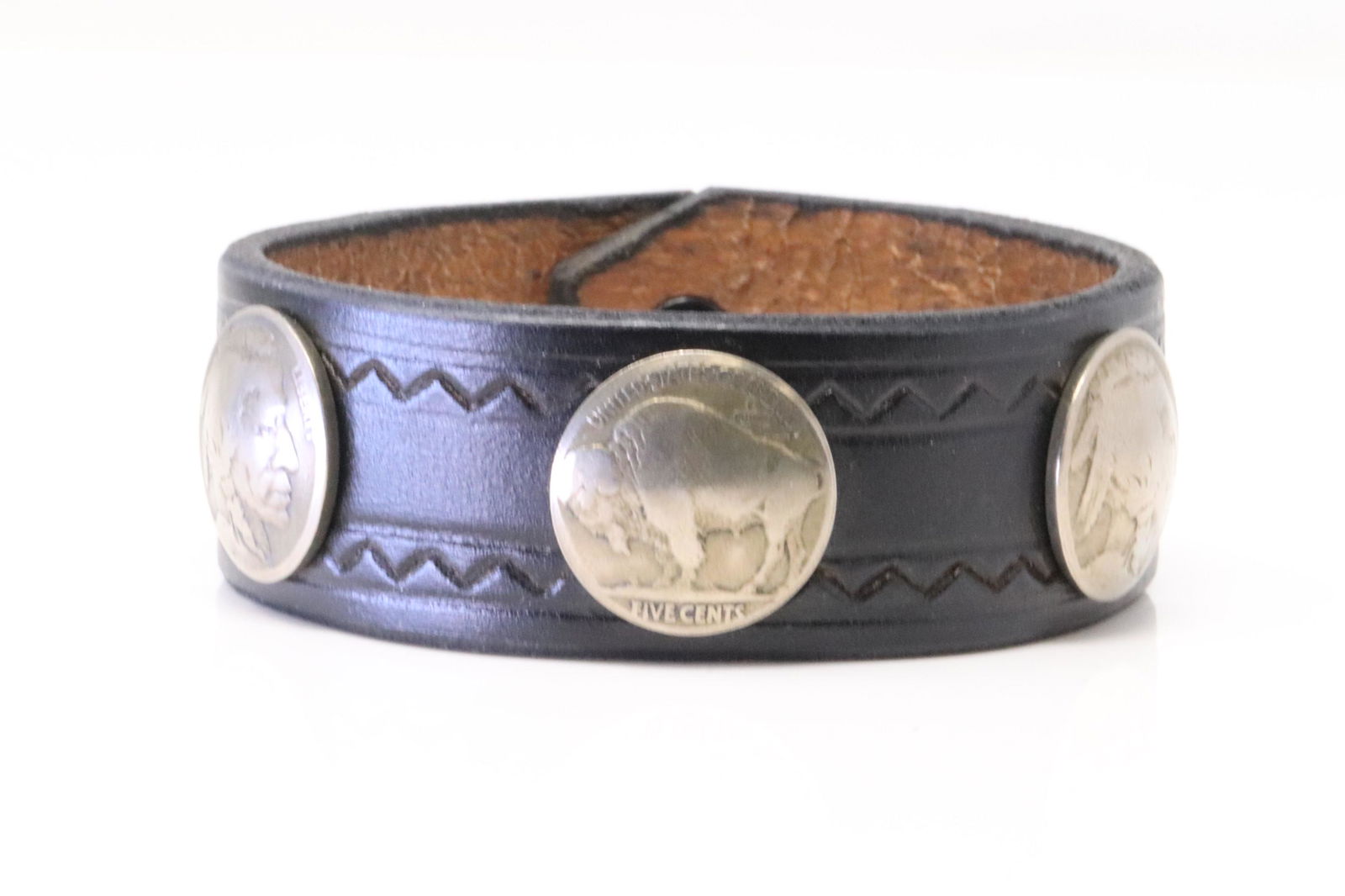 Native America Navajo Sterling Silver Buffalo Nickel Leather Bracelet. (1 of 4)