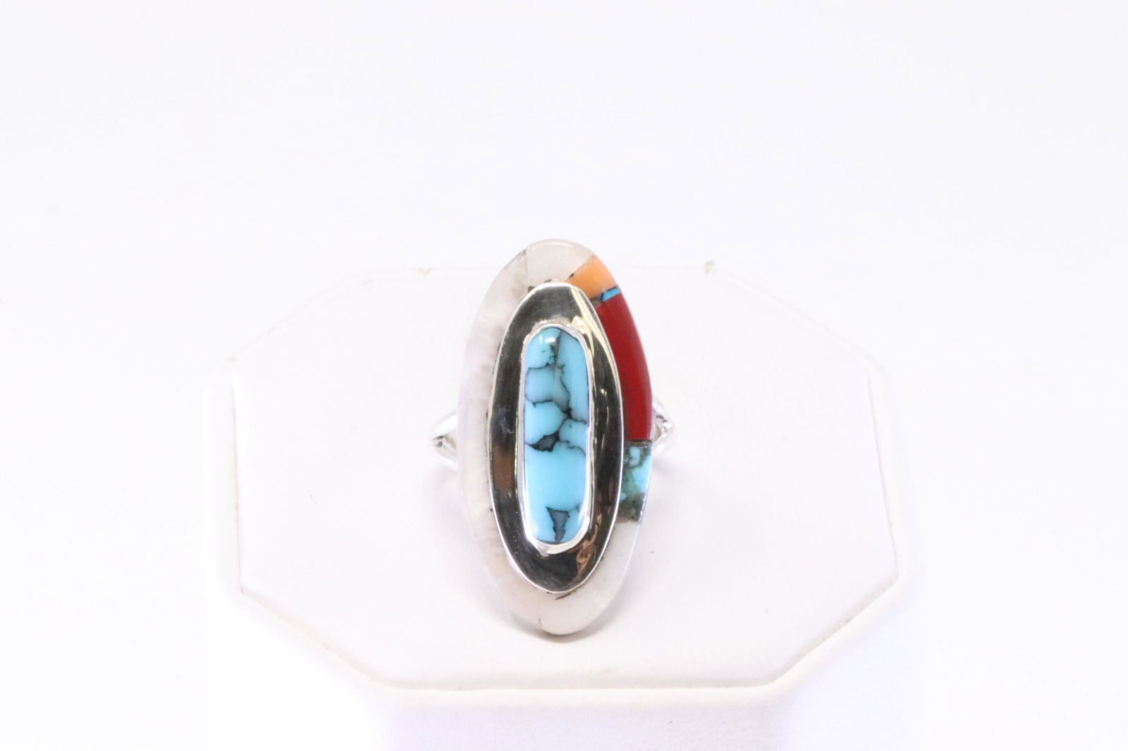 Native America Navajo Sterling Silver Multi-Color Synthetic inlay Ring By T.J.O.: This is a Native America Navajo Sterling Silver Synthetic Multi-Color inlay Ring By T.J.O. Ring size: 6.50.