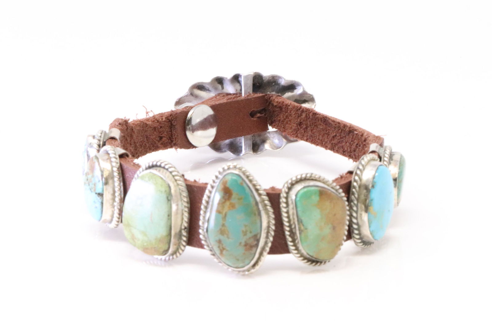 Native America Navajo Sterling Silver Turquoise Leather Bracelet Cuff By B.C. (1 of 4)
