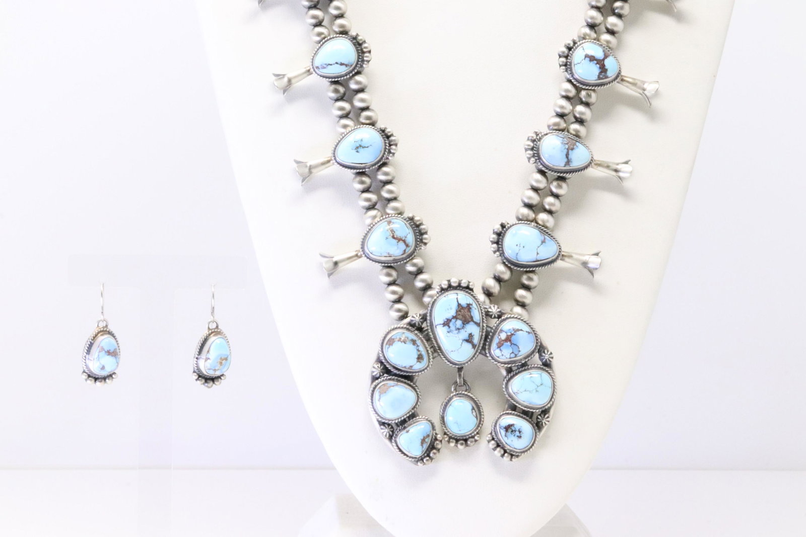 Native America Navajo Sterling Silver Golden Hills Turquoise Squash Blossom Necklace & Earring's Set: This is a Native America Navajo Sterling Silver Golden Hills Turquoise Squash Blossom Necklace & Earring's Set By Thomas Francisco. Necklace length: 26.00"