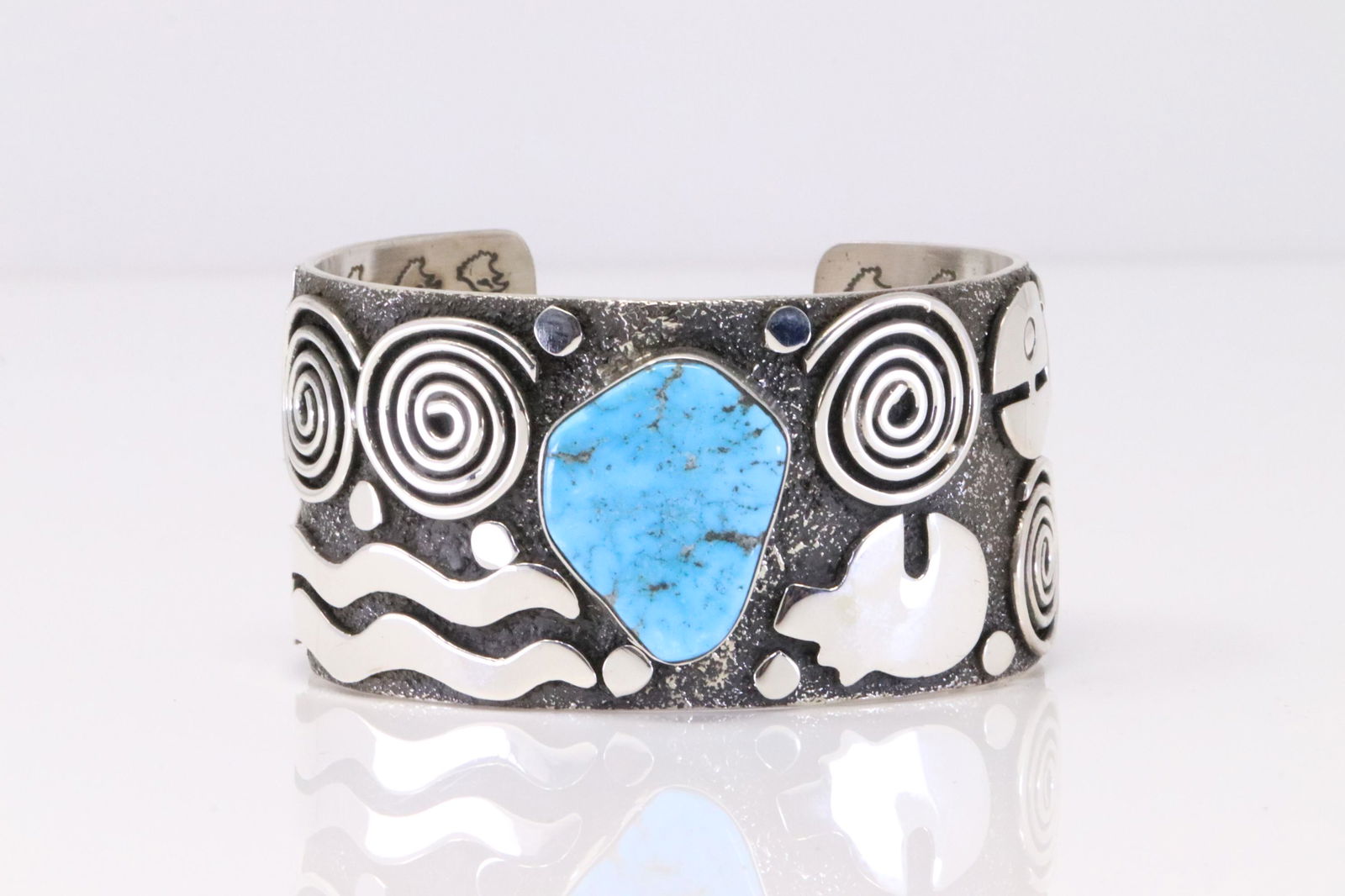 Native America Navajo Sterling Silver Petroglyph Turquoise Bracelet Cuff By Alex Sanchez. (1 of 4)