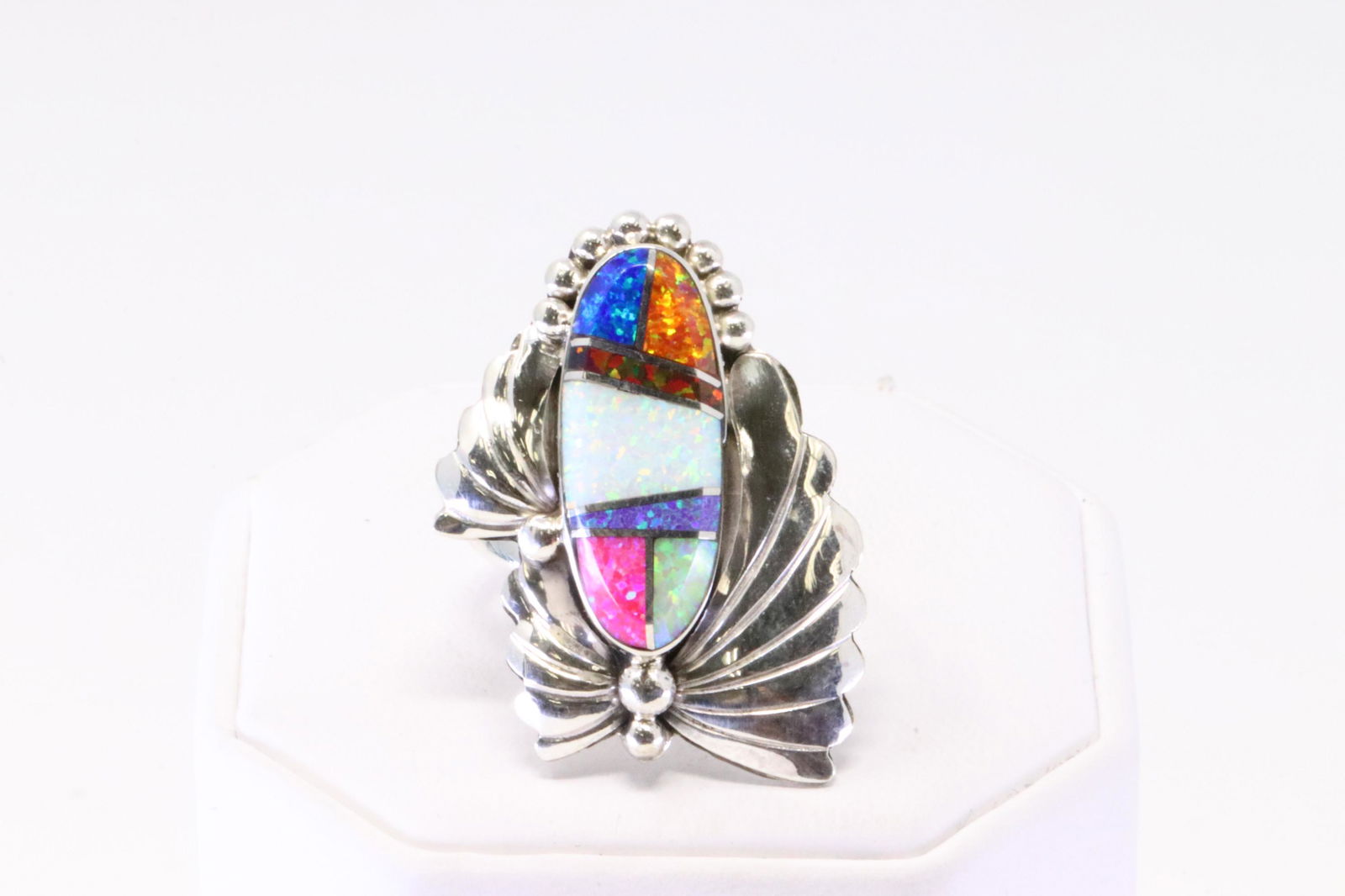 Native America Navajo Sterling Silver Multi-Color Inlay Ring By J.Y.: This is a Native America Navajo Sterling Silver Multi-Color Inlay Ring By J.Y. Ring size: 8.50.
